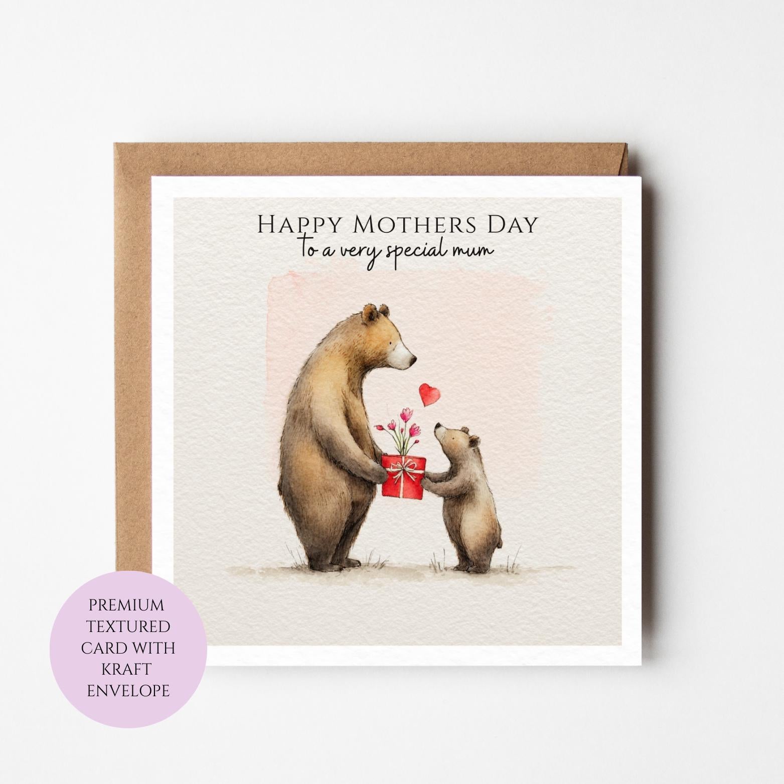 Mum Mothers Day Card Watercolour Bear Family Woodland Animal Best Mum Gift Mothers Day Textured Heartfelt Card Best Mum Love Card Mum Day