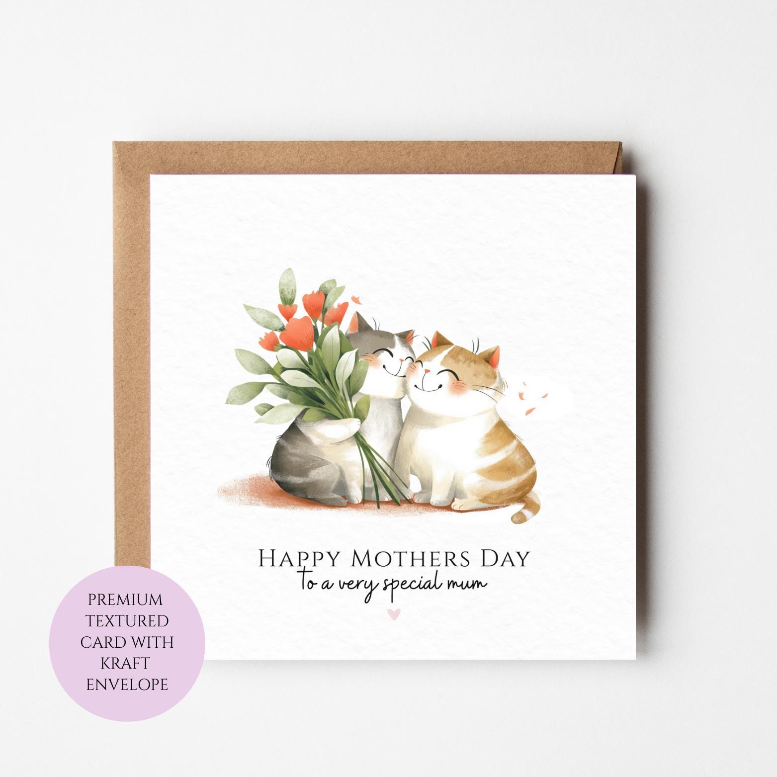 Mum Mothers Day Card Watercolour Cat With Flowers Cute Mum Gift Mothers Day Textured Heartfelt Card Best Mum Love Card Mum Day
