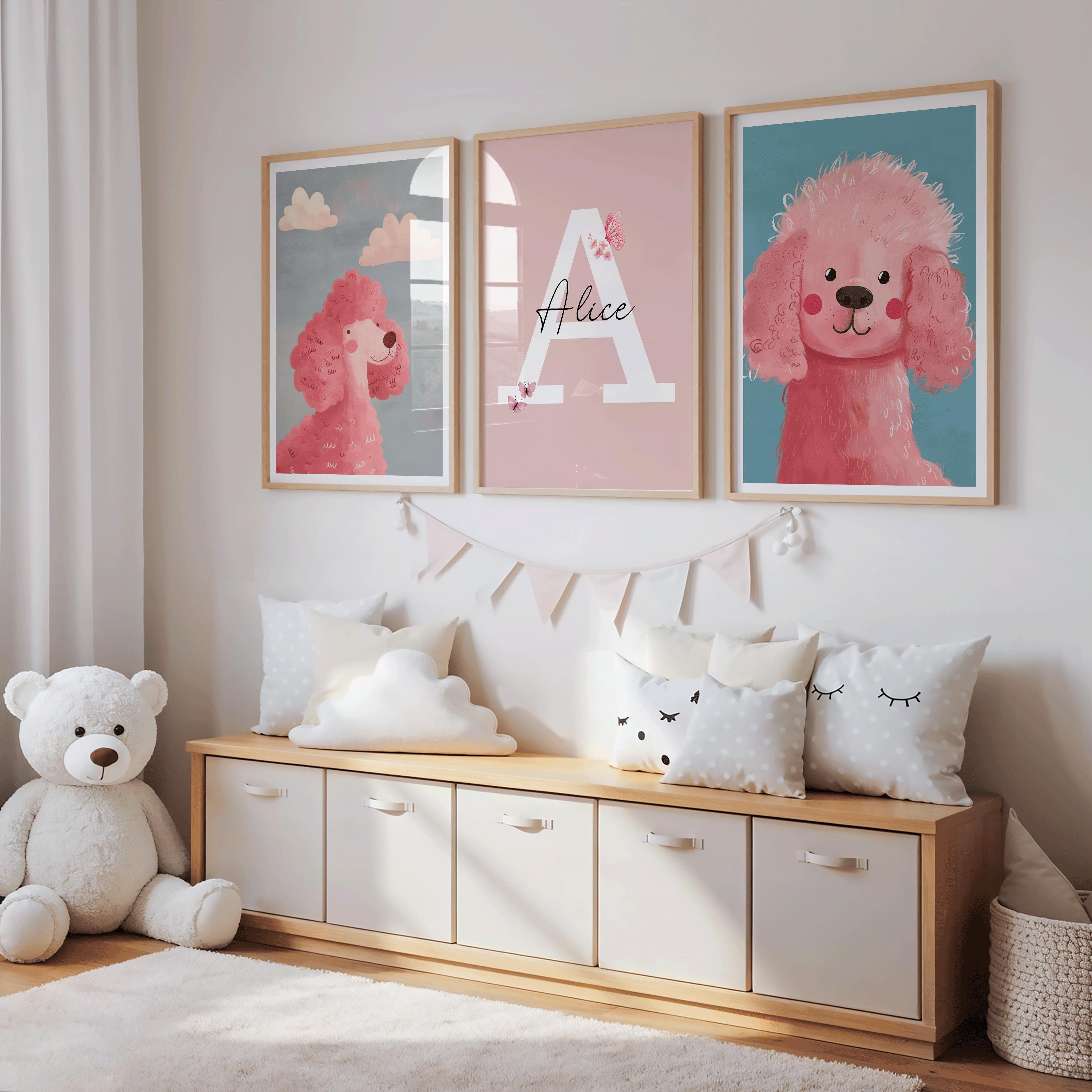 Personalised Poodle Nursery Wall Art Set of 3, Pink Puppy Girls Bedroom Decor, Physical Premium Prints