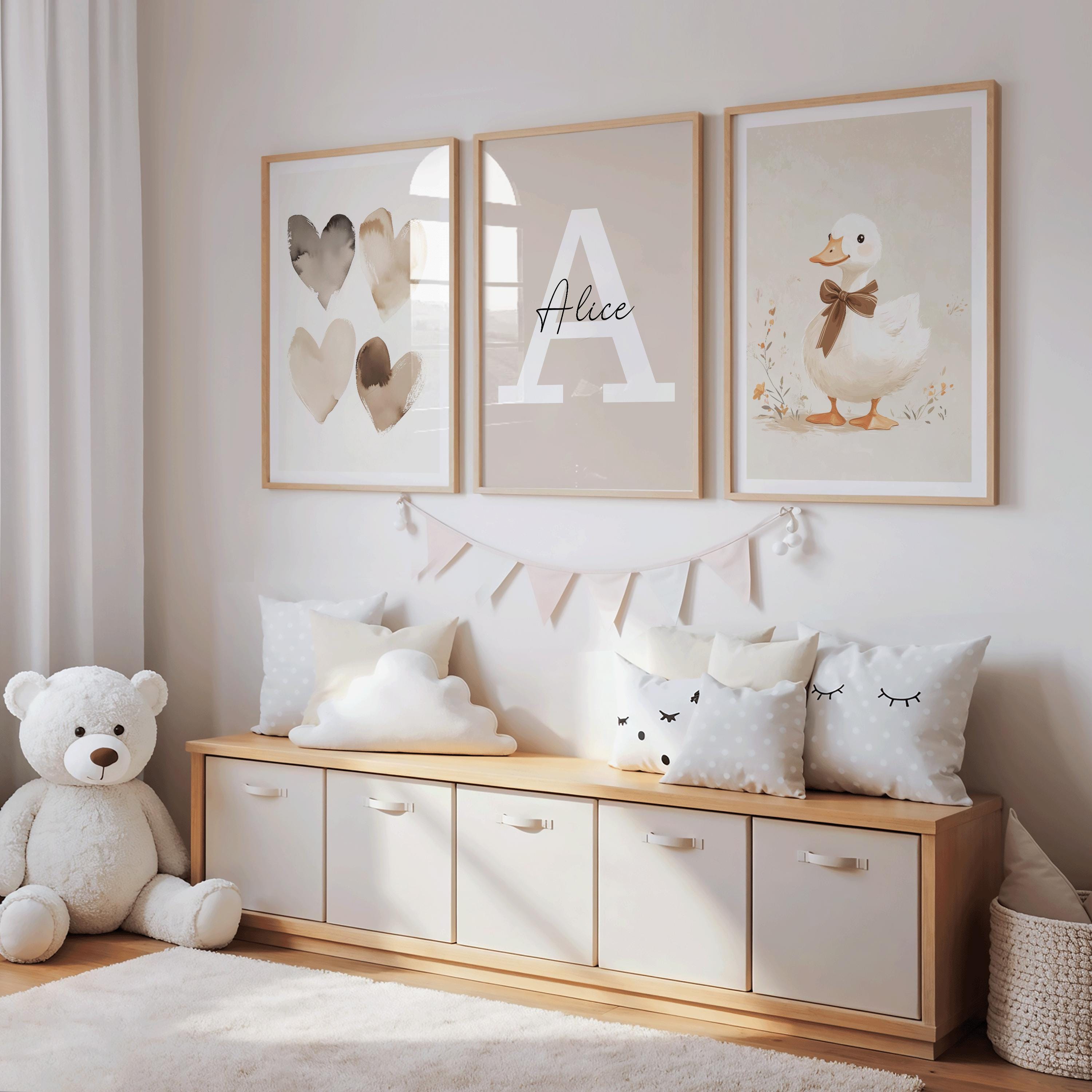 Personalised Duck Nursery Wall Art Set of 3, Neutral Baby Bedroom Decor, Physical Premium Prints