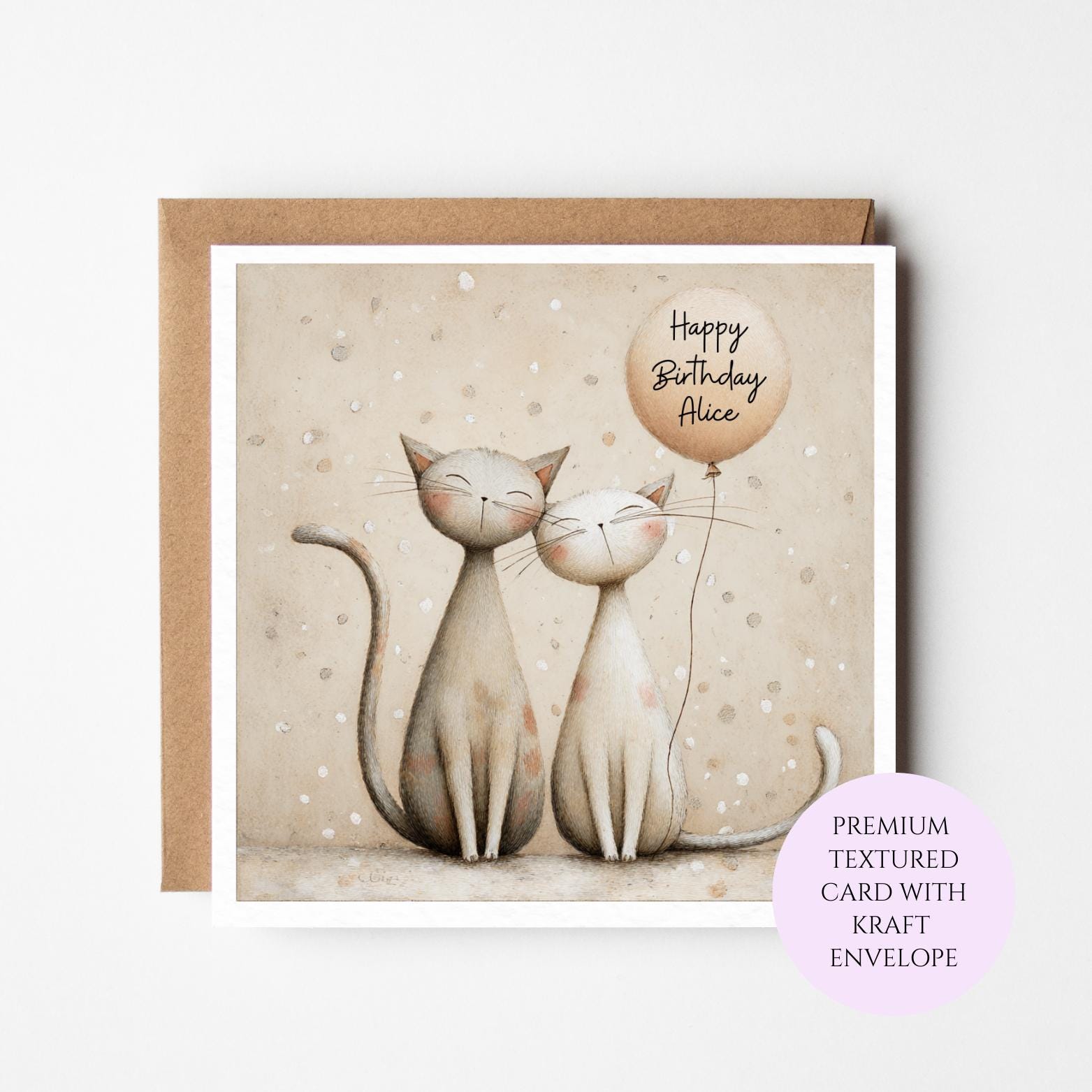 Cat Birthday Card: Neutral Design with Cats and Balloon (For Her)