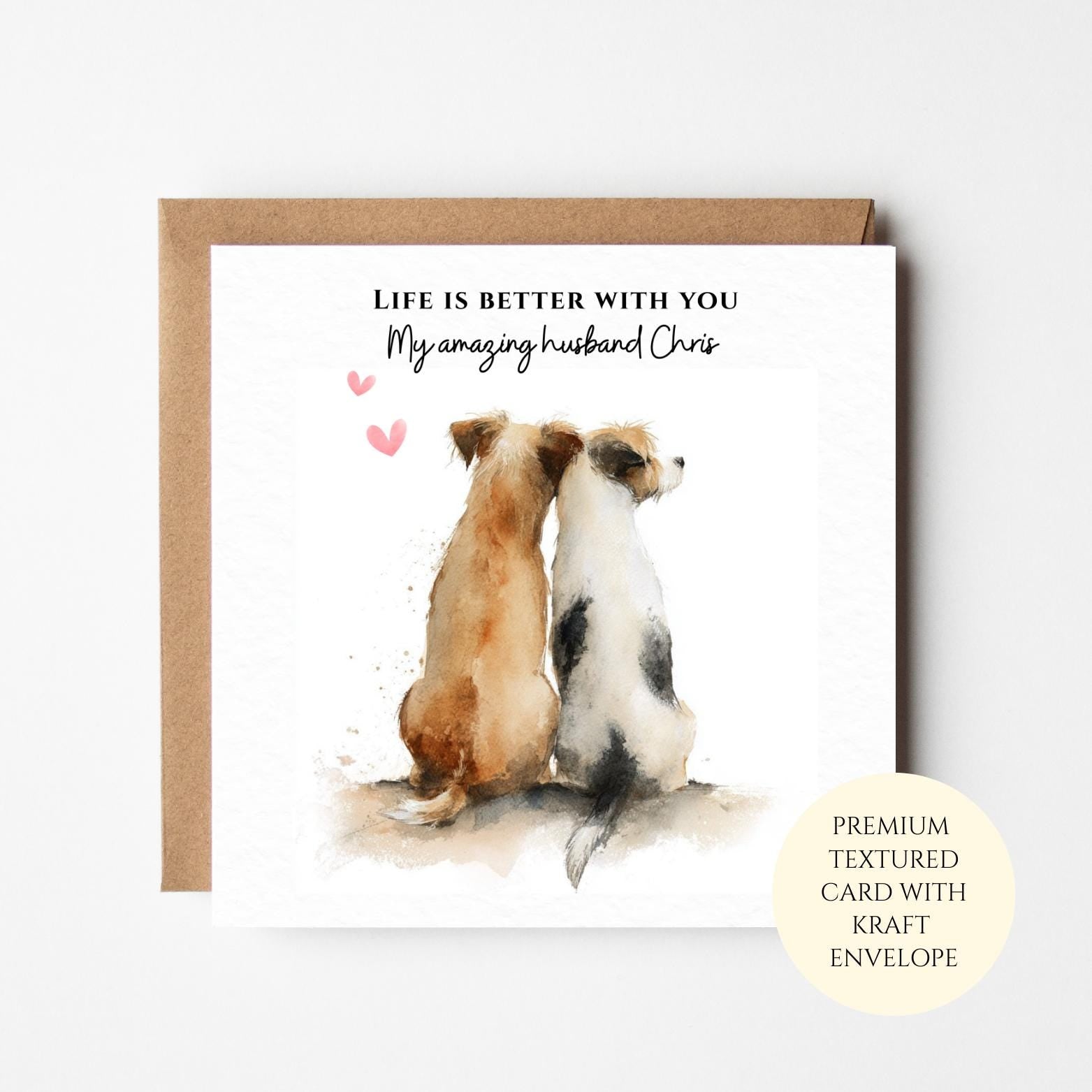 Anniversary Card for Husband with Dogs – Textured Card, Kraft Envelope