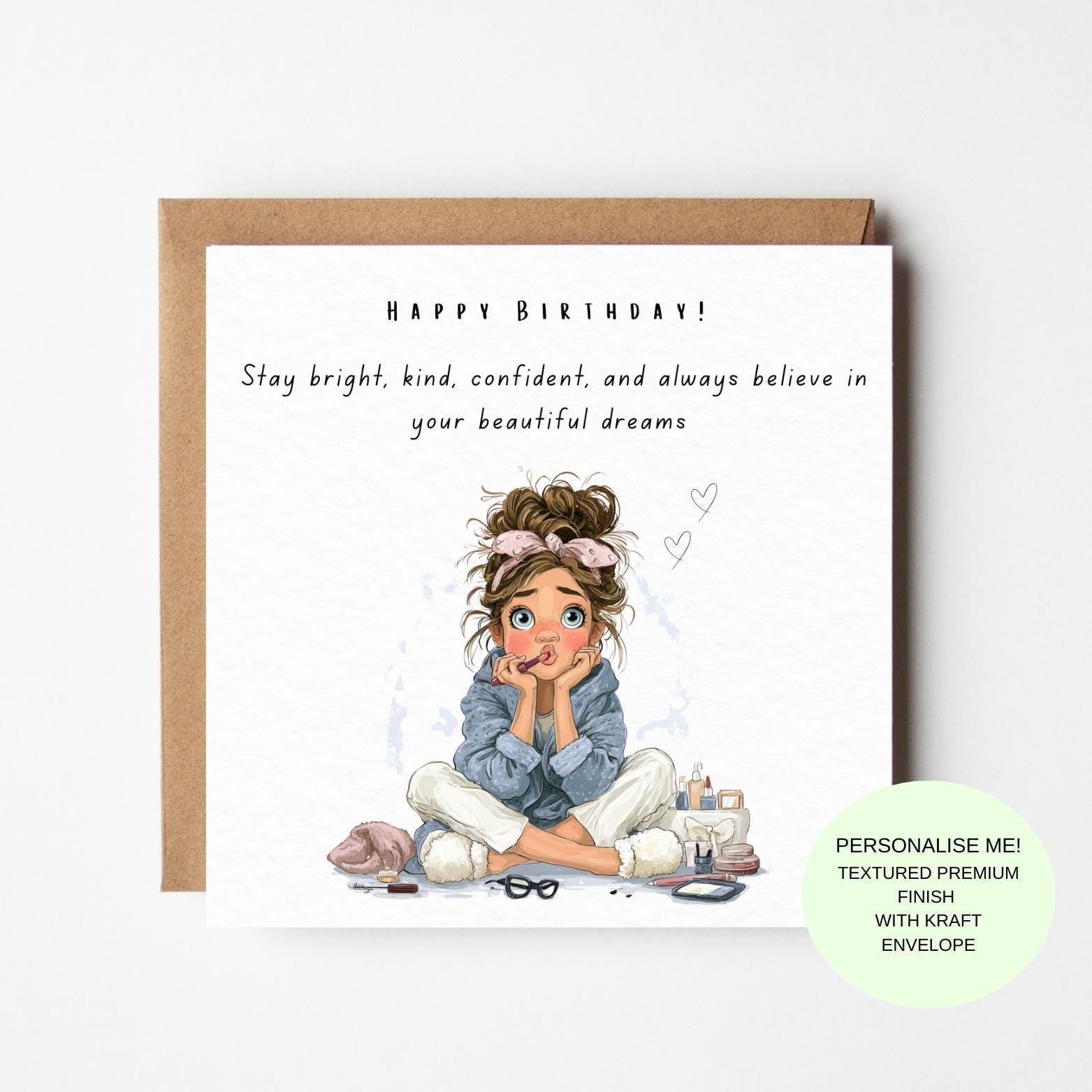 Birthday Card for Girls, Illustrated Positive Message, Textured Kraft Envelope