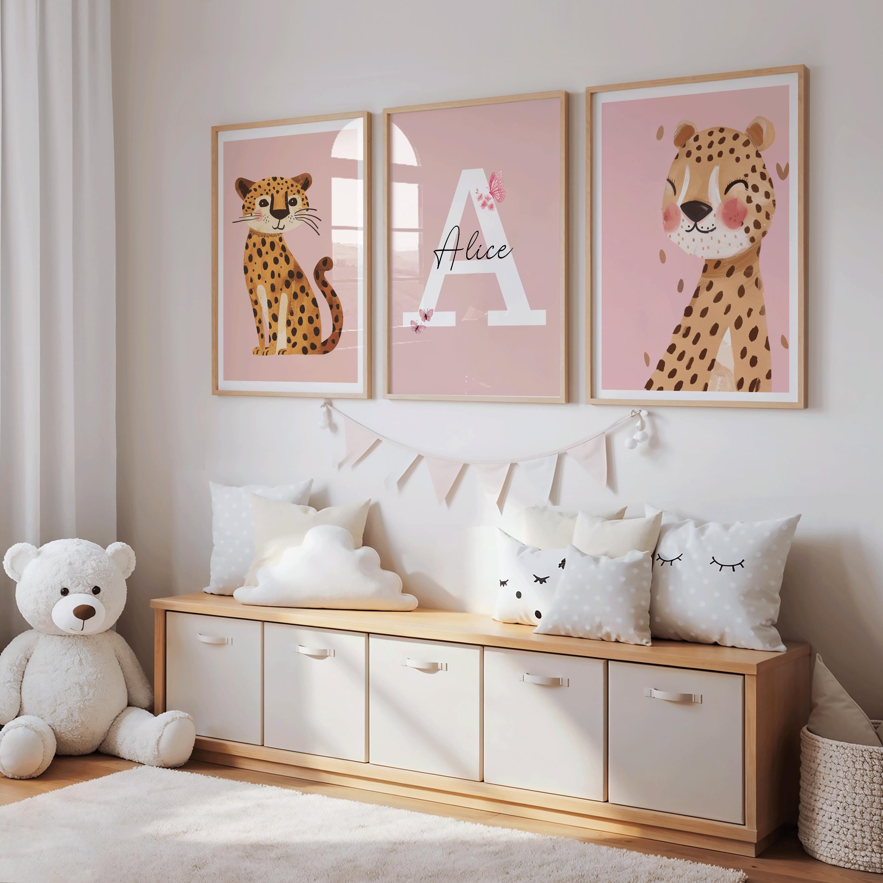 Personalised Safari Cheetah Nursery Art Set, Pink Girls Bedroom Decor, Prints