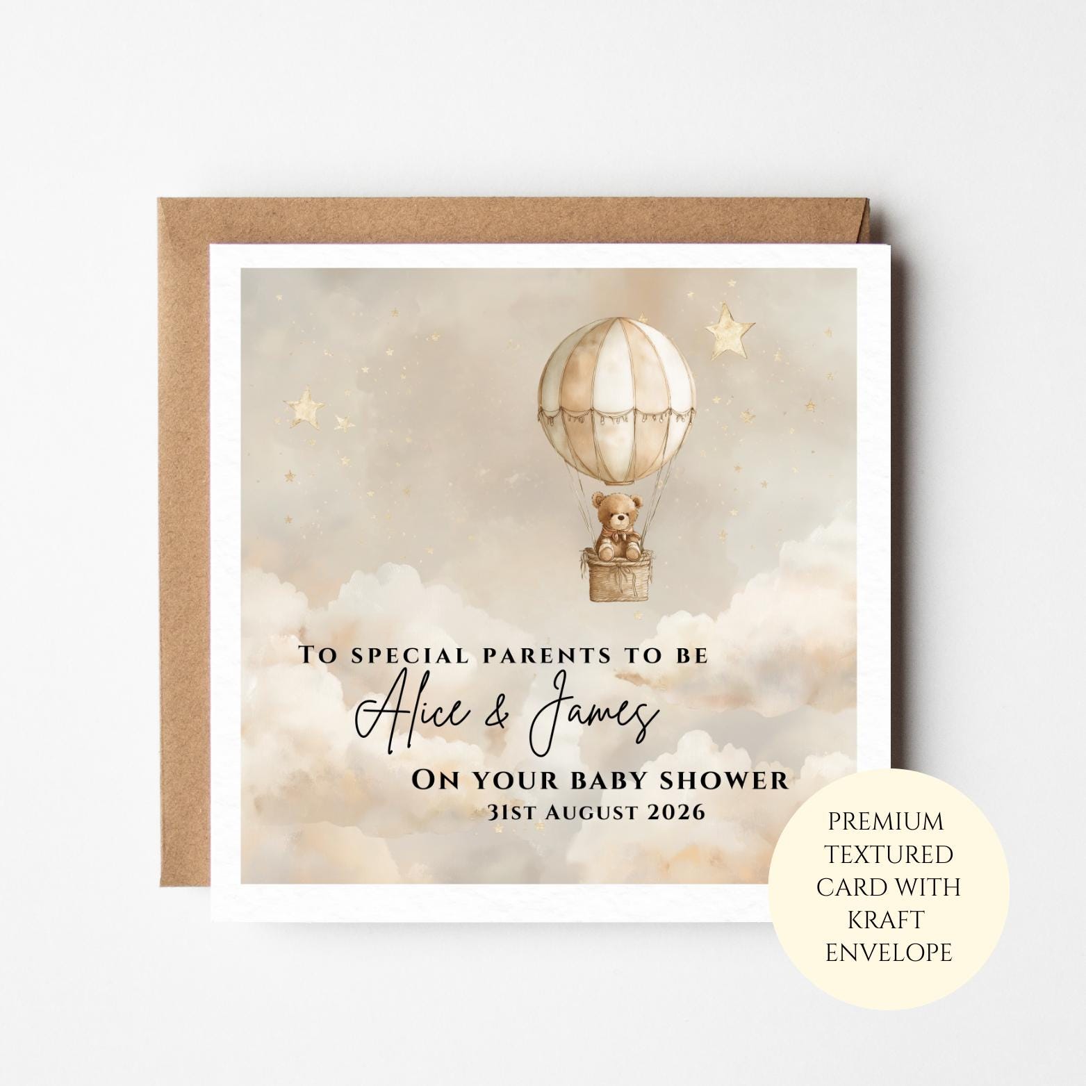 Personalised Teddy Bear Hot Air Balloon Baby Shower Card – Neutral New Baby Greeting