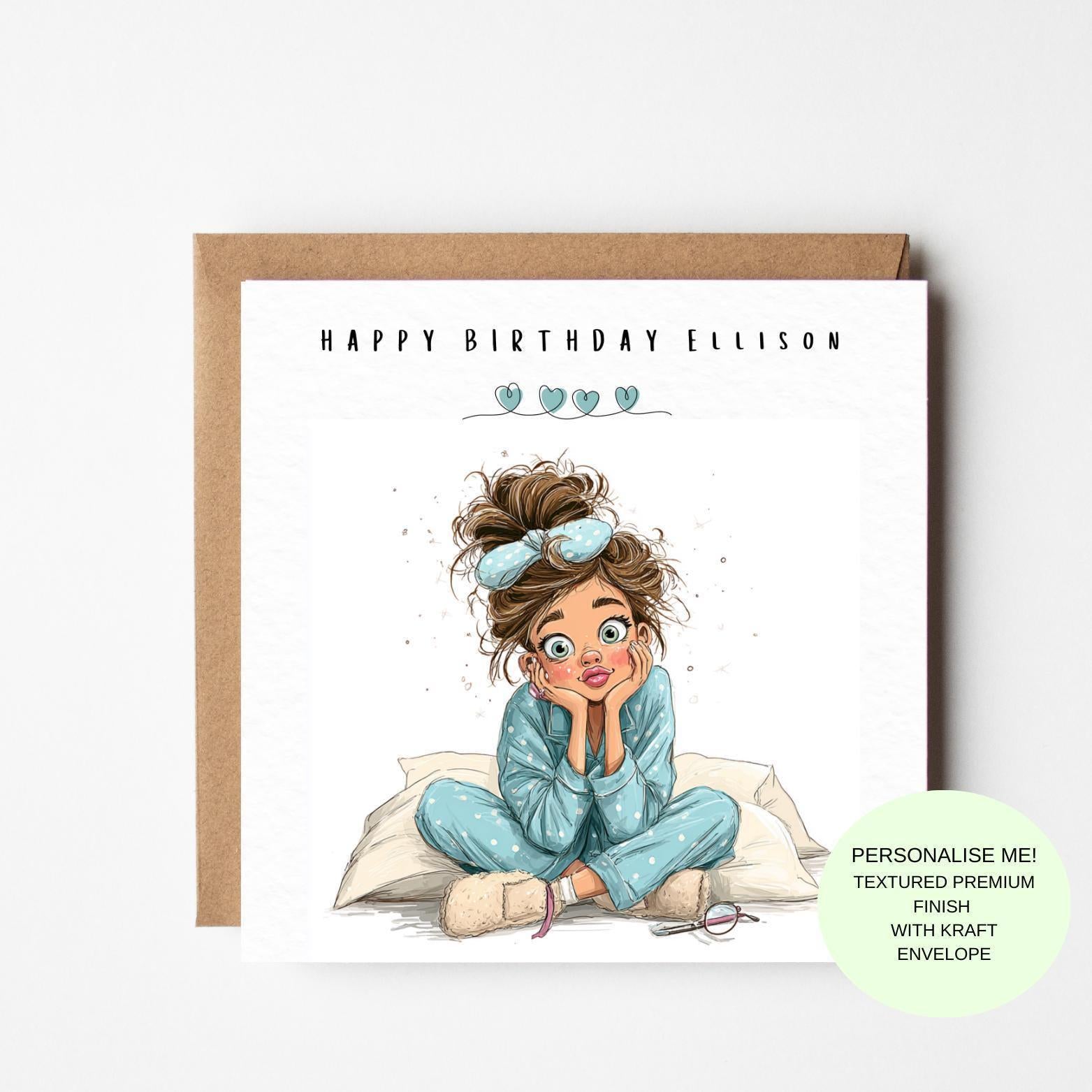 Personalised Birthday Card: Illustrated Girl, Any Name, Textured Finish