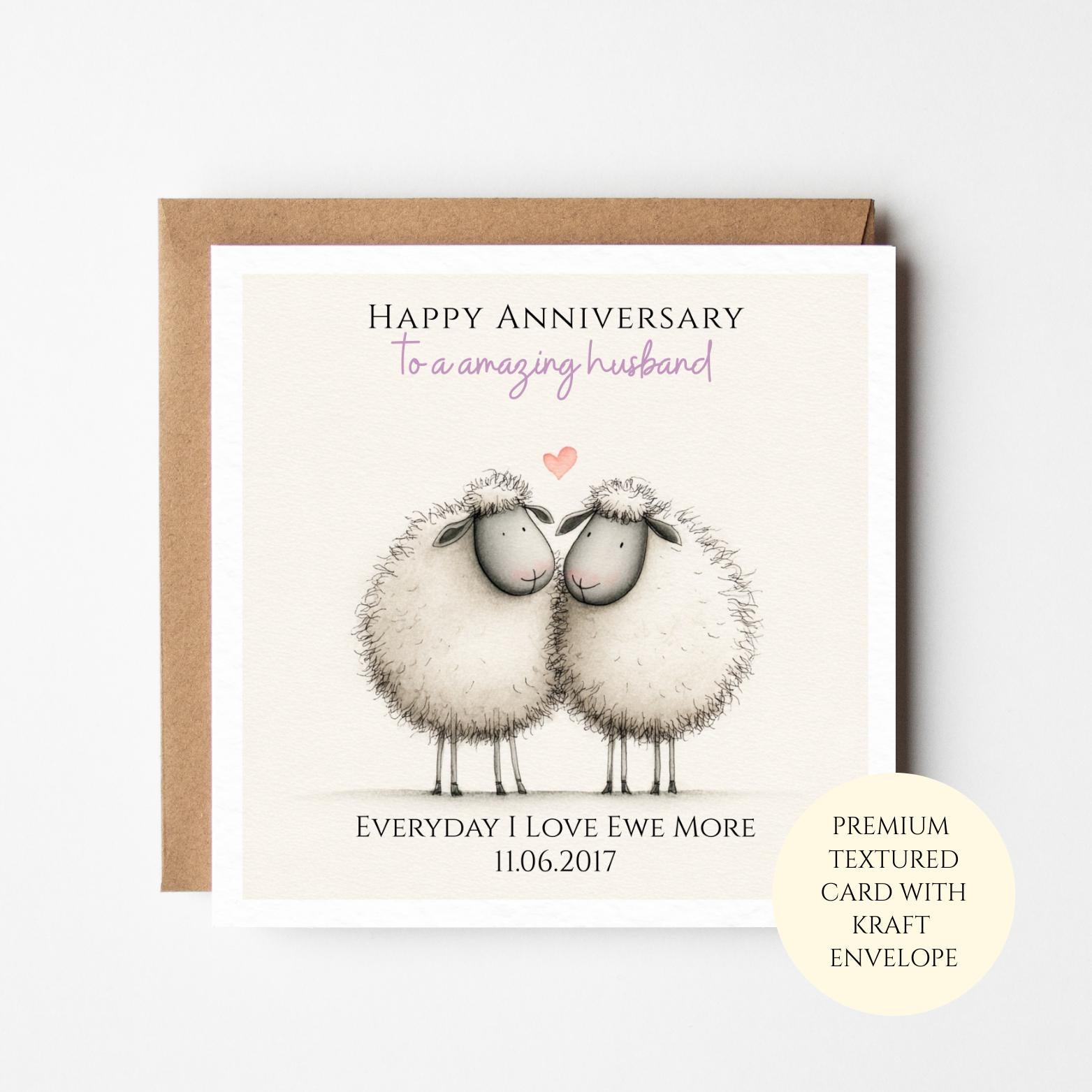Anniversary Card for Husband – Sheep Illustration, Love Message, Kraft Envelope