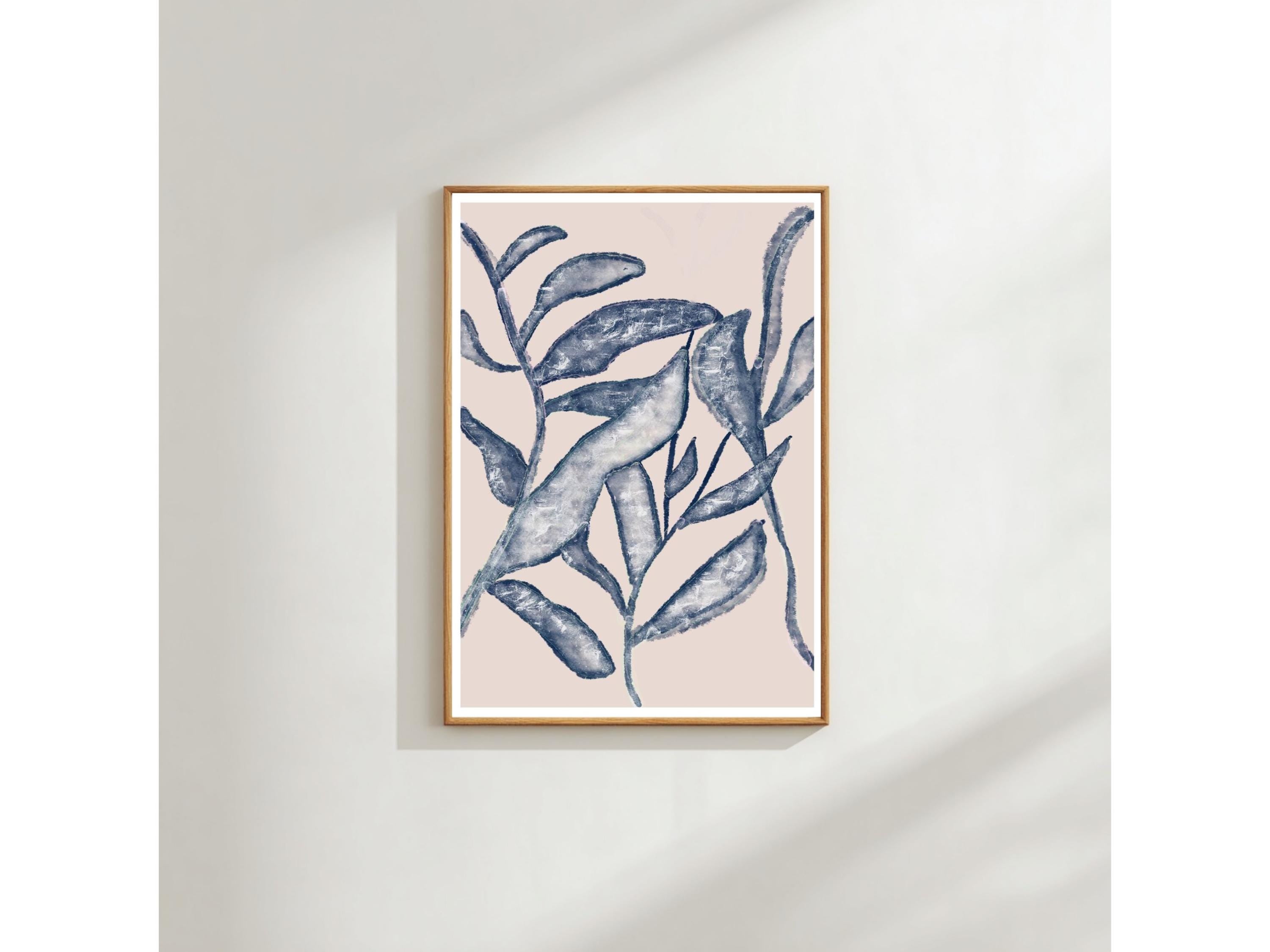 Botanical Wall Art Print: Blue Minimal Leaf - Scandinavian Style