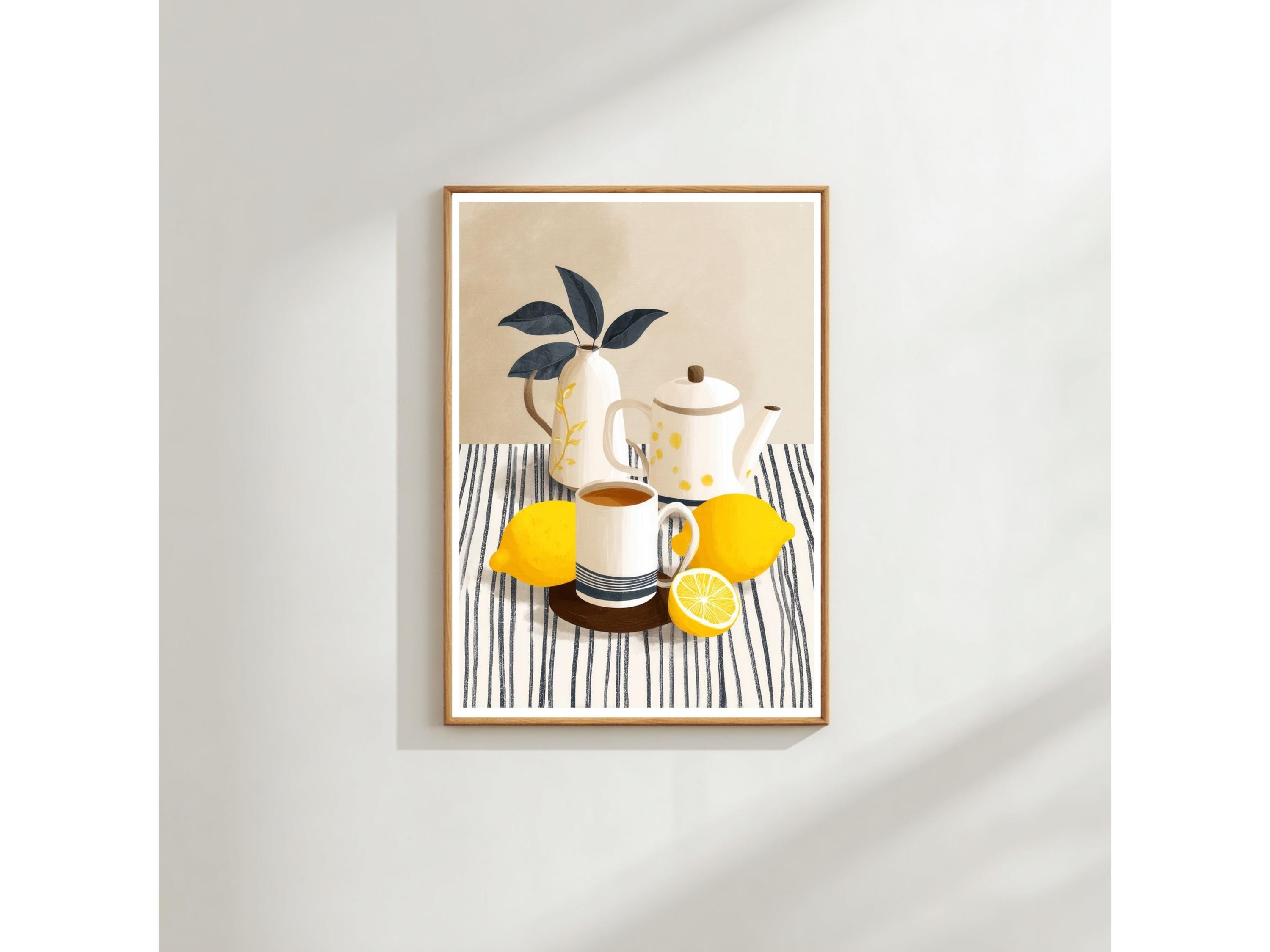 Lemon Teapot Wall Art Print: Mediterranean Citrus Kitchen Decor