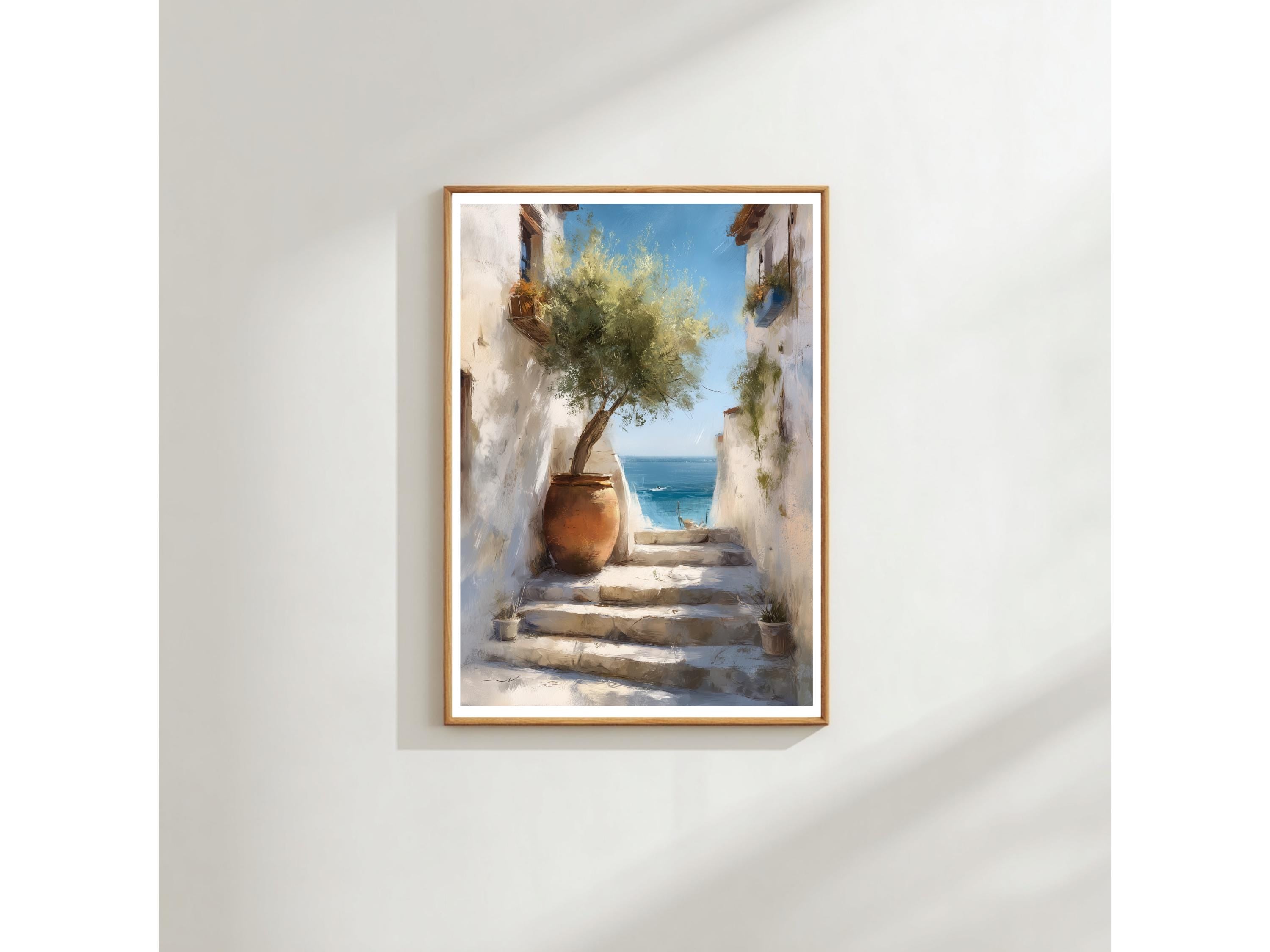 Greek Island Steps Wall Art Print: Santorini Coastal Travel Scene