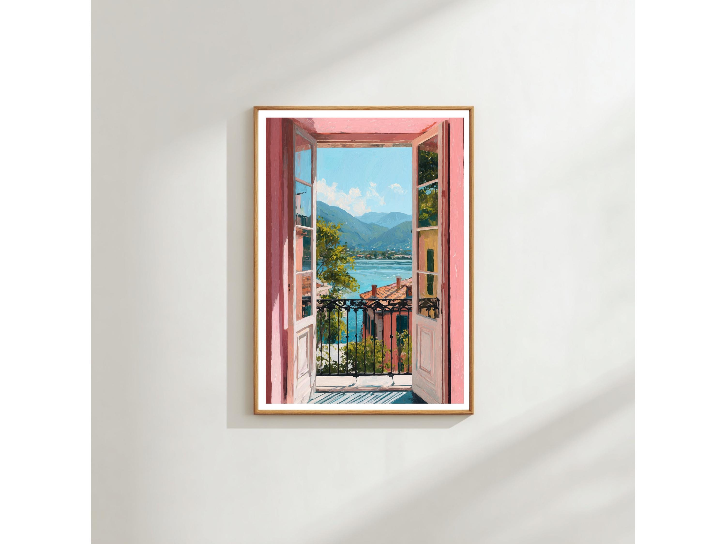 Coastal Balcony Wall Art, Pink Mediterranean Sea View (A3 & A4 Sizes)