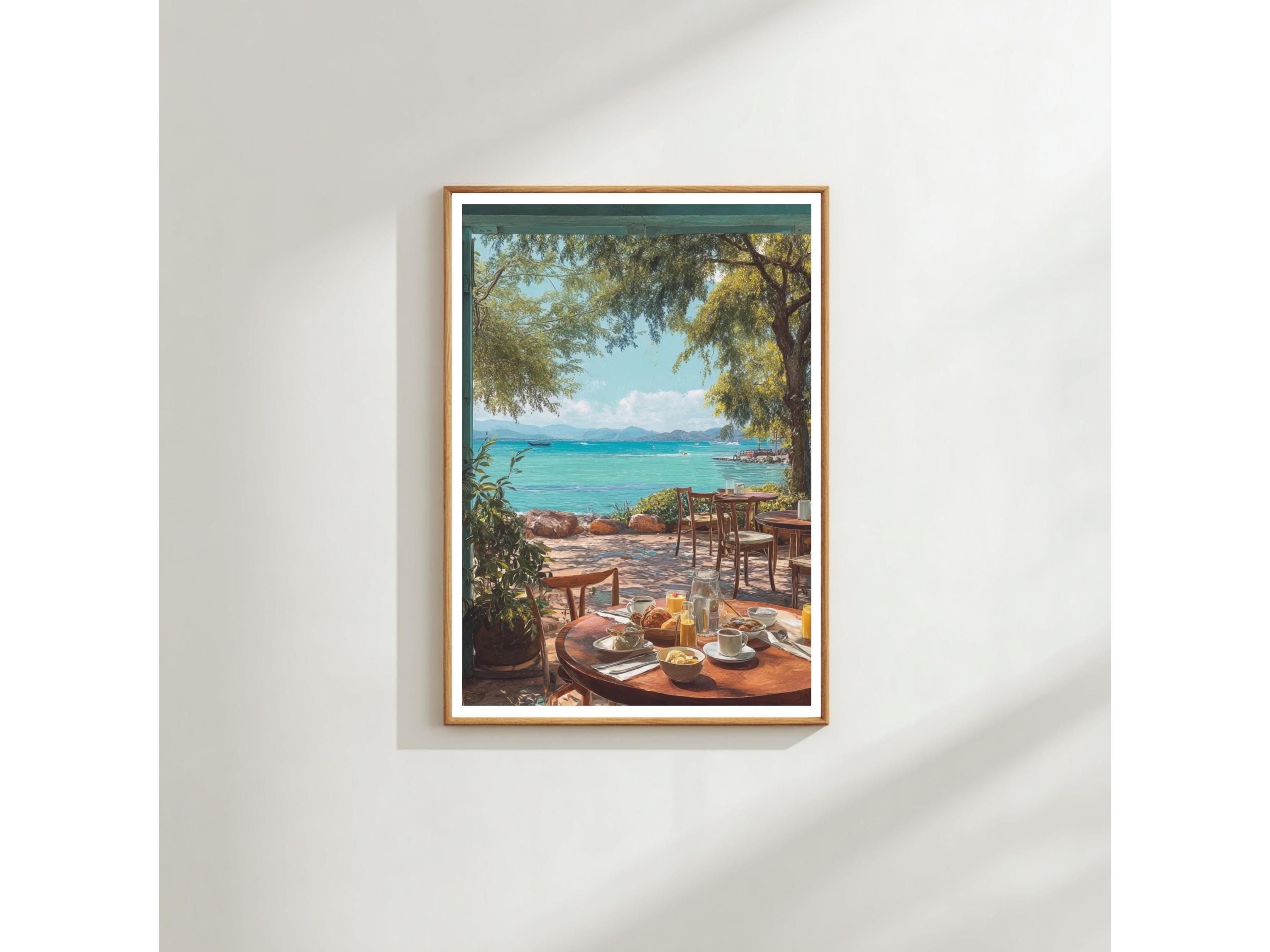 Mediterranean Seaside Wall Art: Coastal Terrace Dining Scene