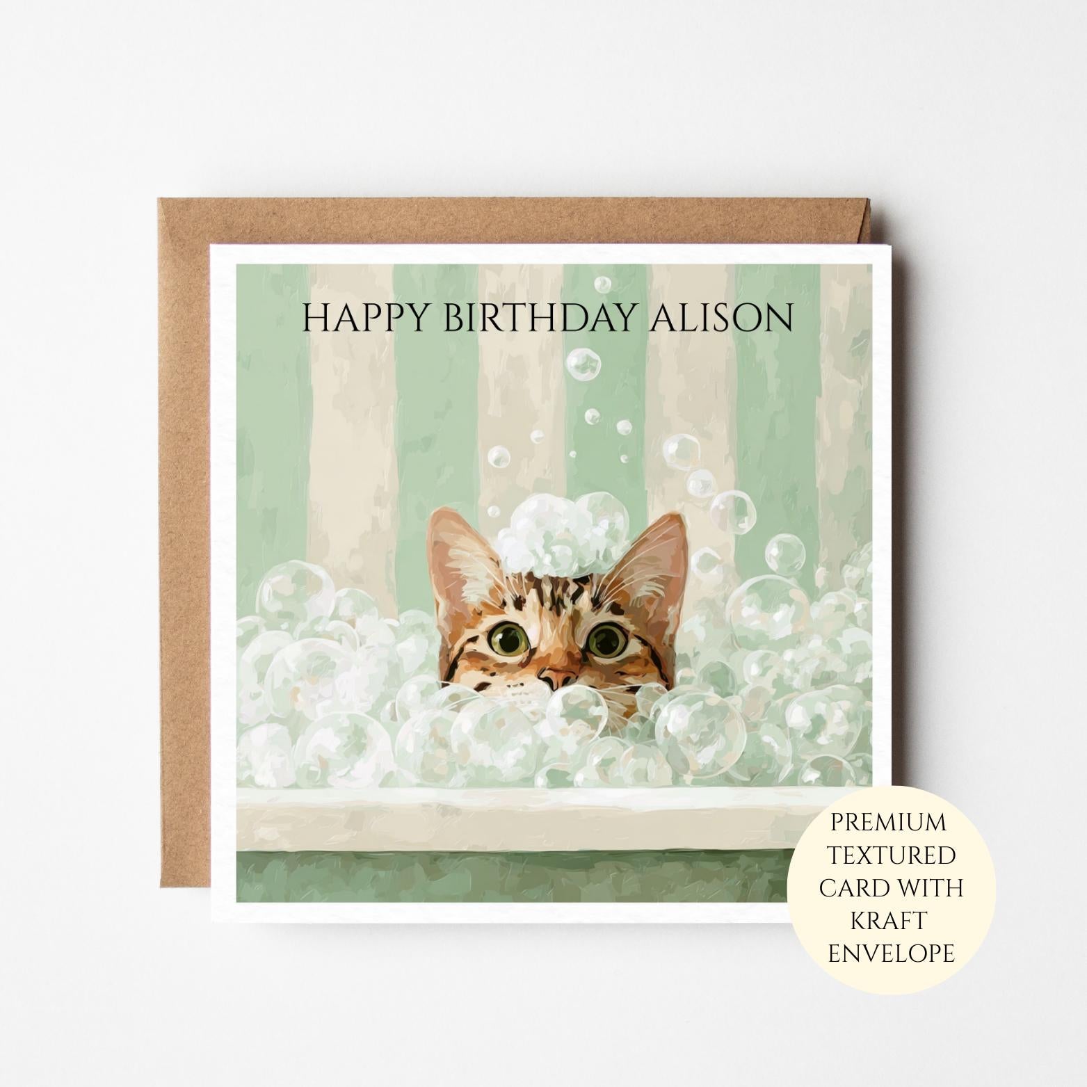 Personalised Watercolour Cat Birthday Card for Her – Cute Bubble Bath Cat Card – Cat Lover Gift for Friend