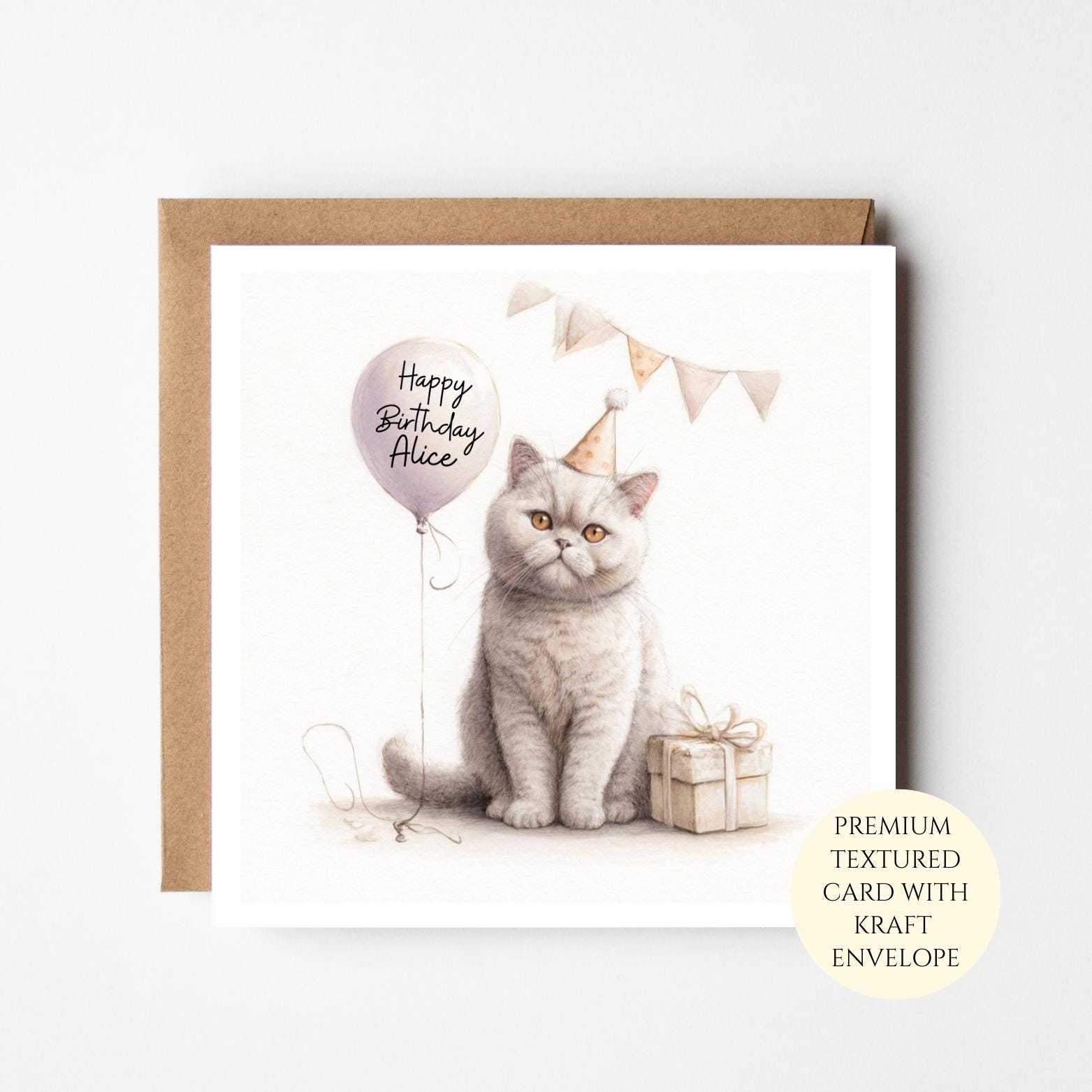 Personalised Watercolour Cat Birthday Card for Her – Cute Cat with Balloon Card – Cat Lover Gift for Friend