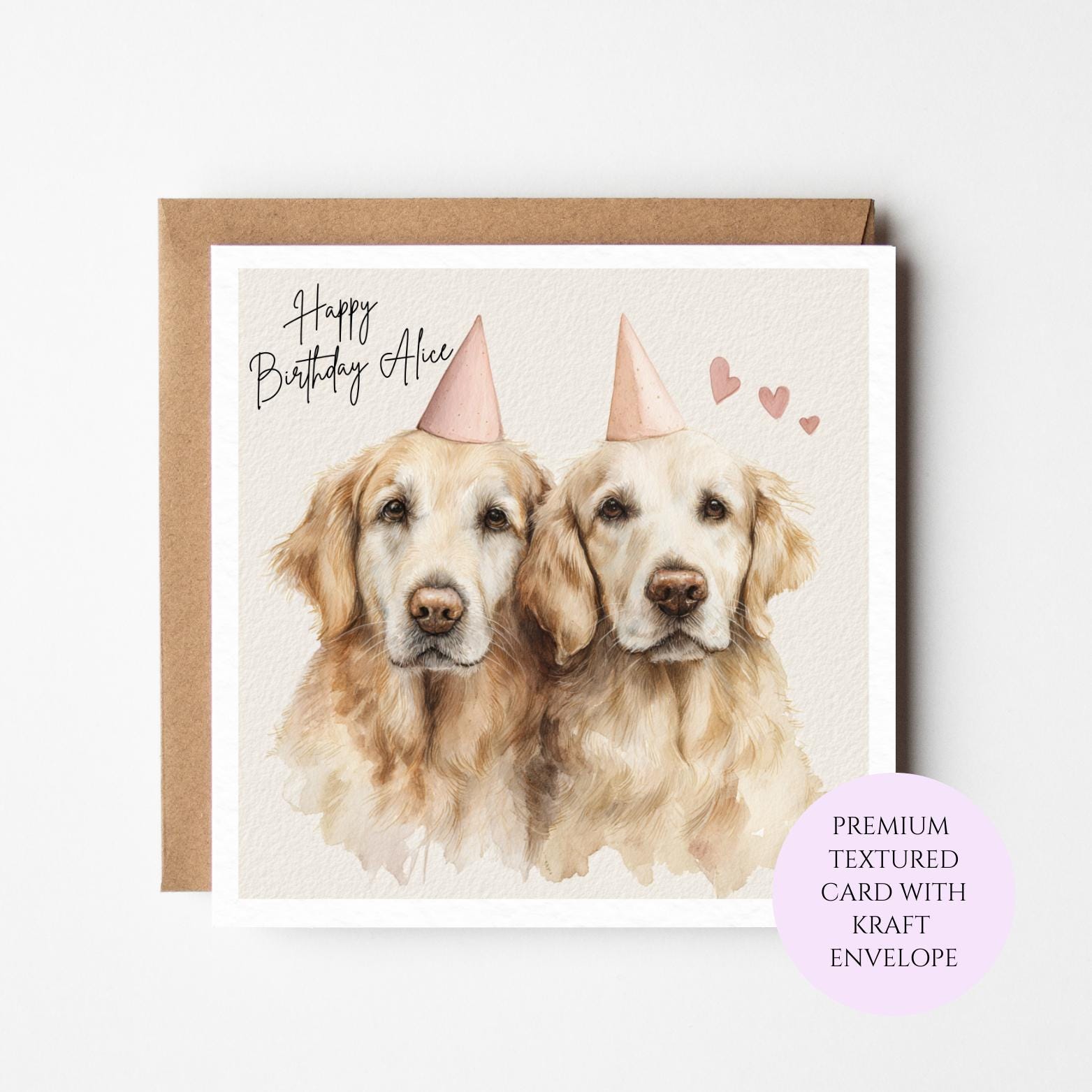 Personalised Golden Retriever Birthday Card for Her – Soft Watercolour Golden Birthday for Sister Friend Mum Daughter
