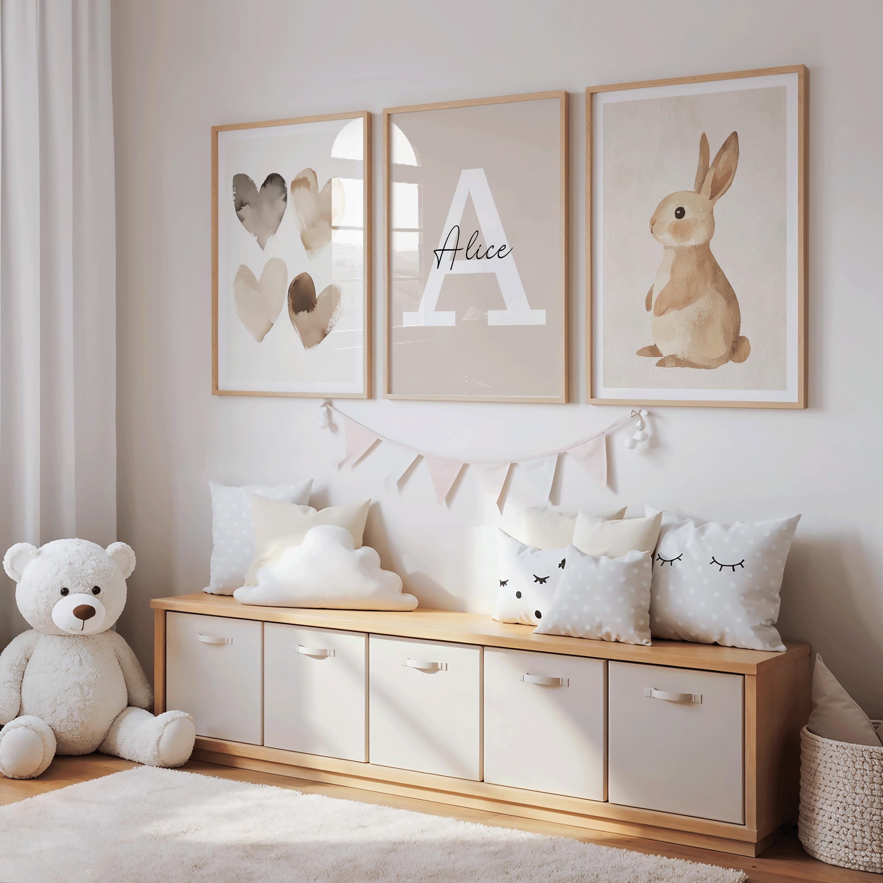 Personalised Bunny Nursery Wall Art Set of 3, Neutral Woodland Bedroom Decor, Physical Premium Prints