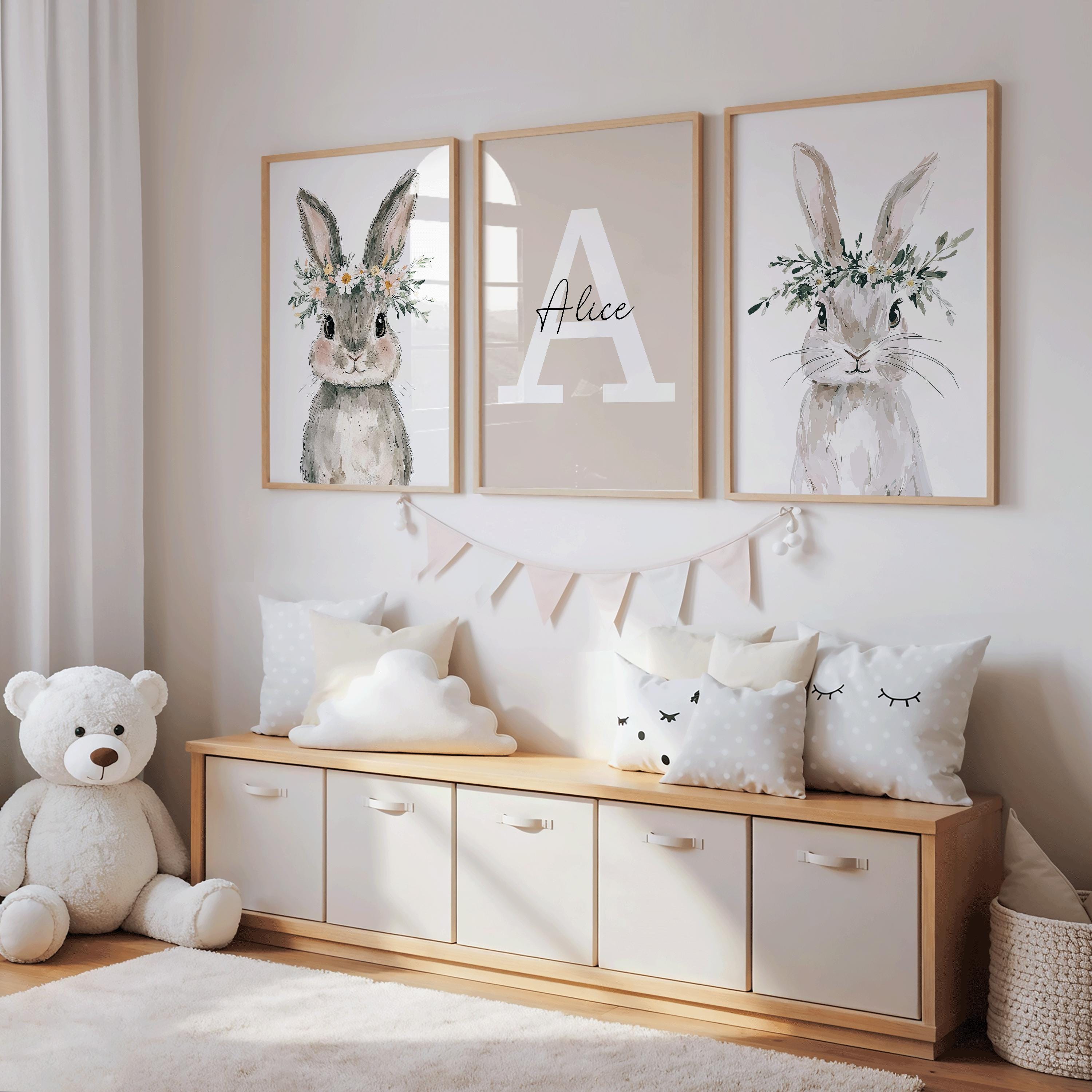 Personalised Floral Bunny Nursery Wall Art Set of 3, Woodland Girls Bedroom Decor, Physical Premium Prints