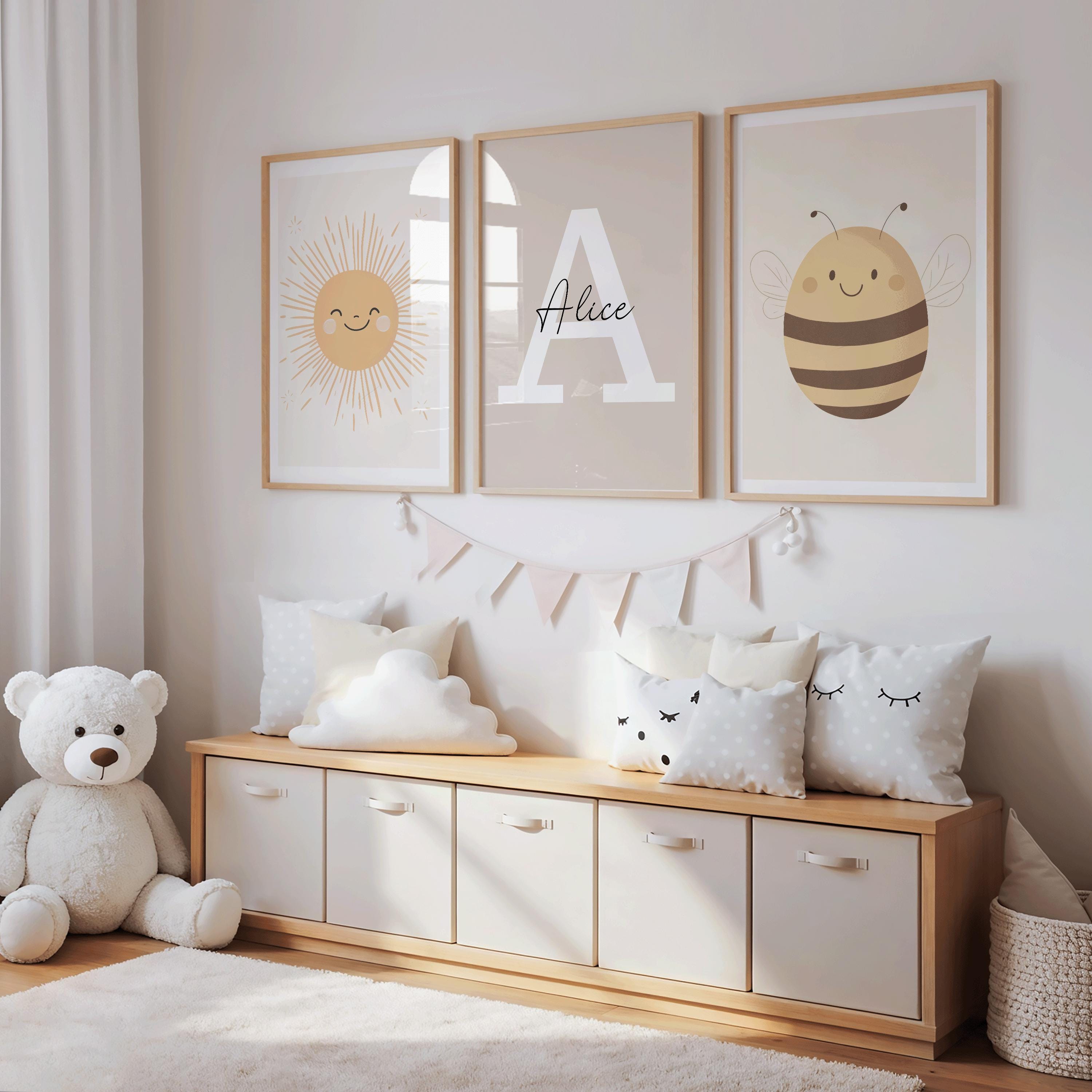Personalised Bee Nursery Wall Art Set of 3, Sunshine Neutral Baby Decor, Physical Premium Prints