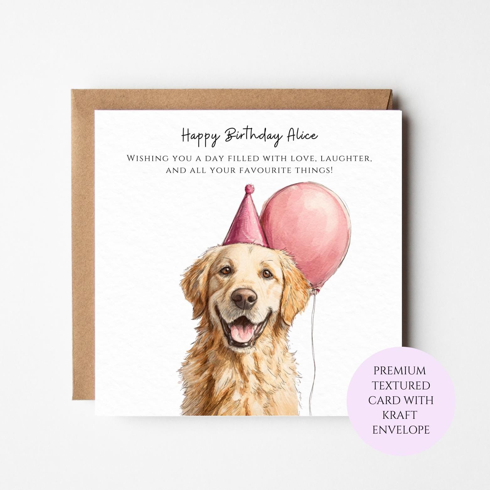 Golden Retriever Birthday Card - Smiling Dog, Party Hat Design
