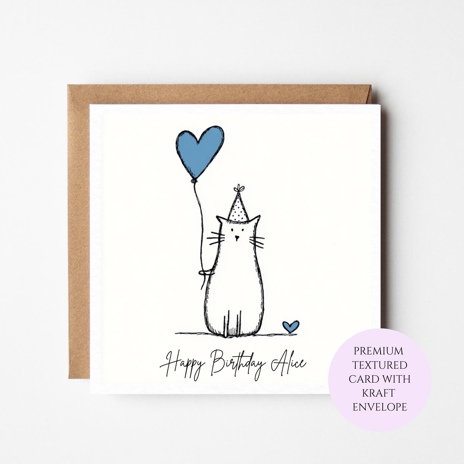 Cat Lover Birthday Card, Heart Balloon