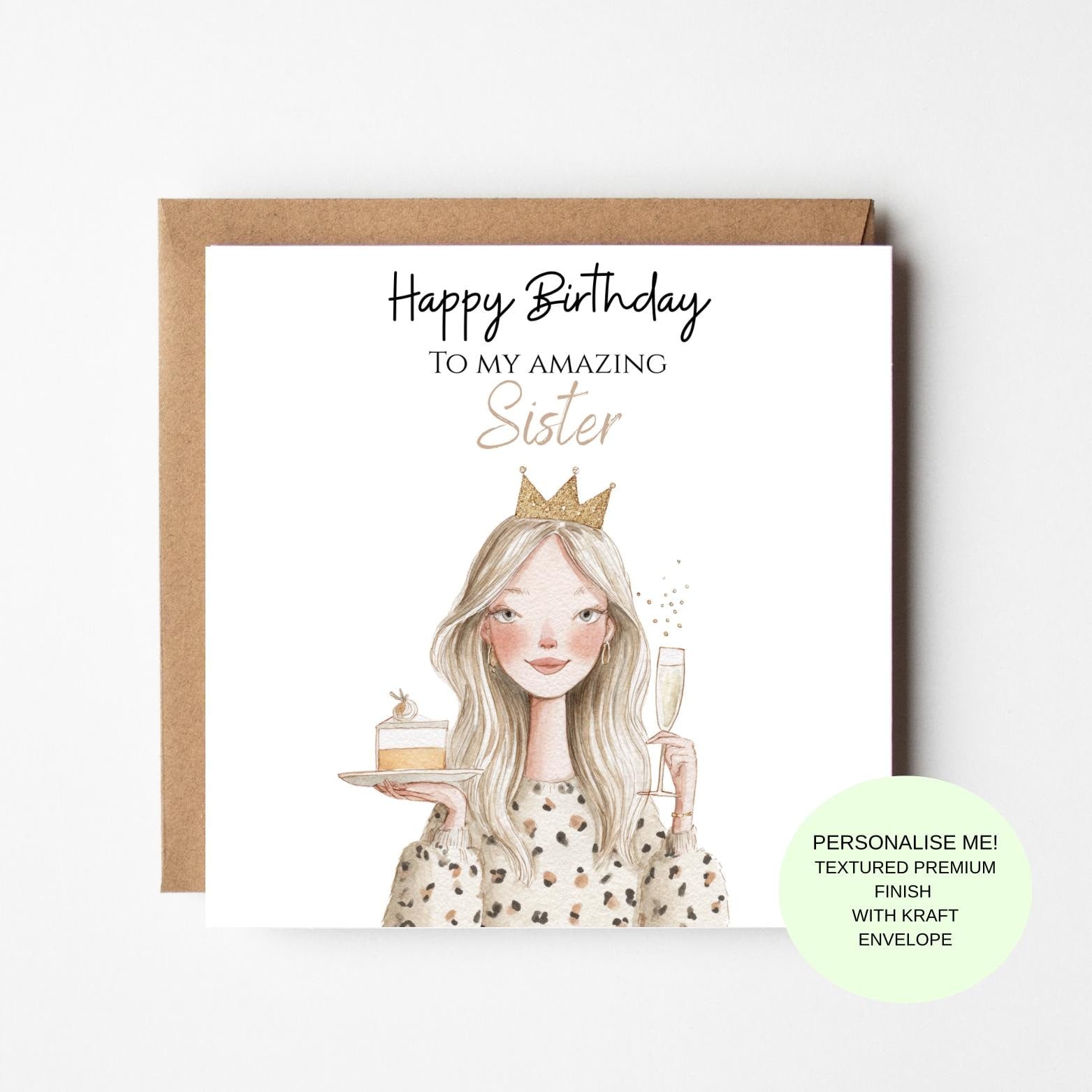 Sister Birthday Card, Hand-Drawn Illustration, Crown Cake Champagne (Personalised)