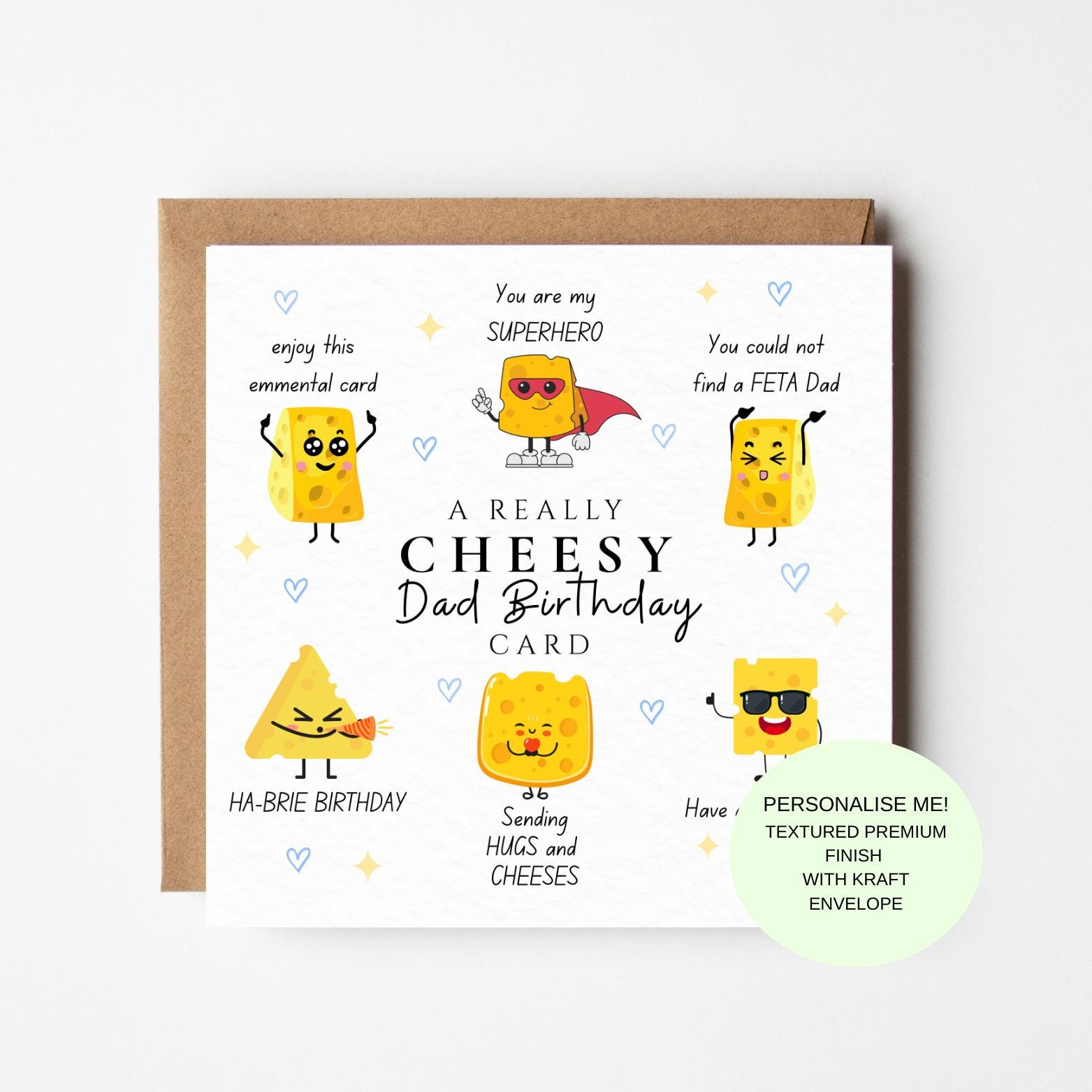 Funny Dad Birthday Card: Cheesy Food Puns, Textured Cardstock, Kraft Envelope
