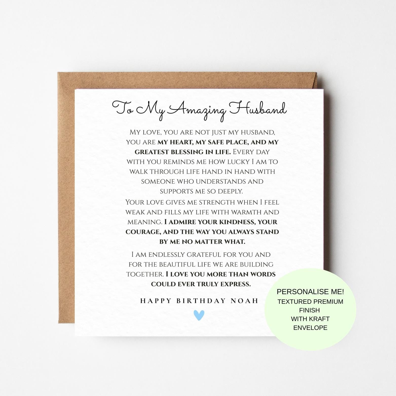 Romantic Birthday Card for Husband, Sentimental Love Message, Textured Cardstock