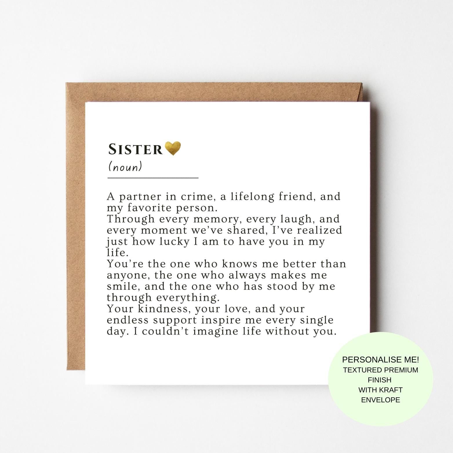 Sister Definition Birthday Card, Kraft Envelope