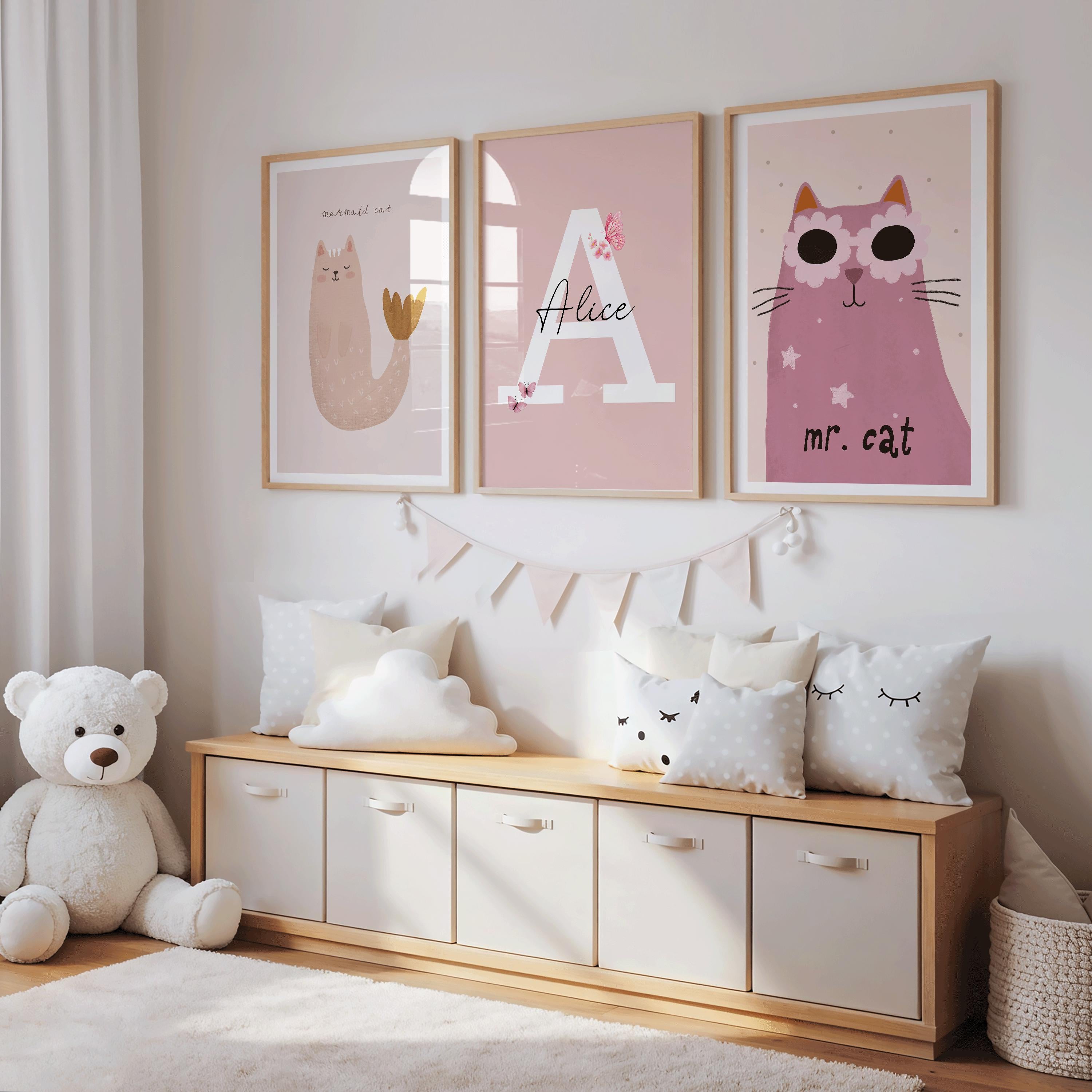 Personalised Cat Nursery Wall Art Set, Pink Girls Bedroom Decor, Initial Name Prints