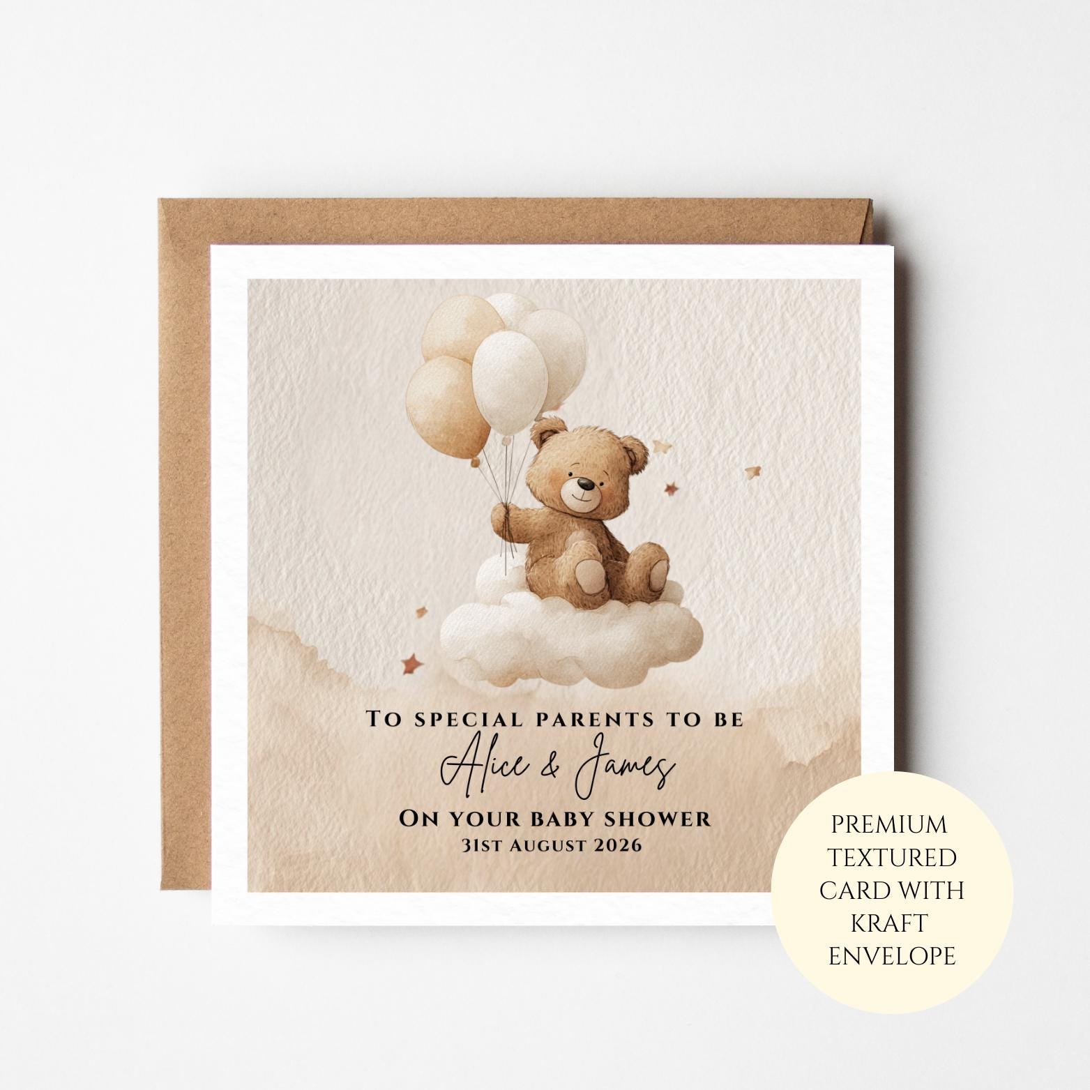 Personalised Teddy Bear Baby Shower Card – Neutral Congratulations for Parents To Be