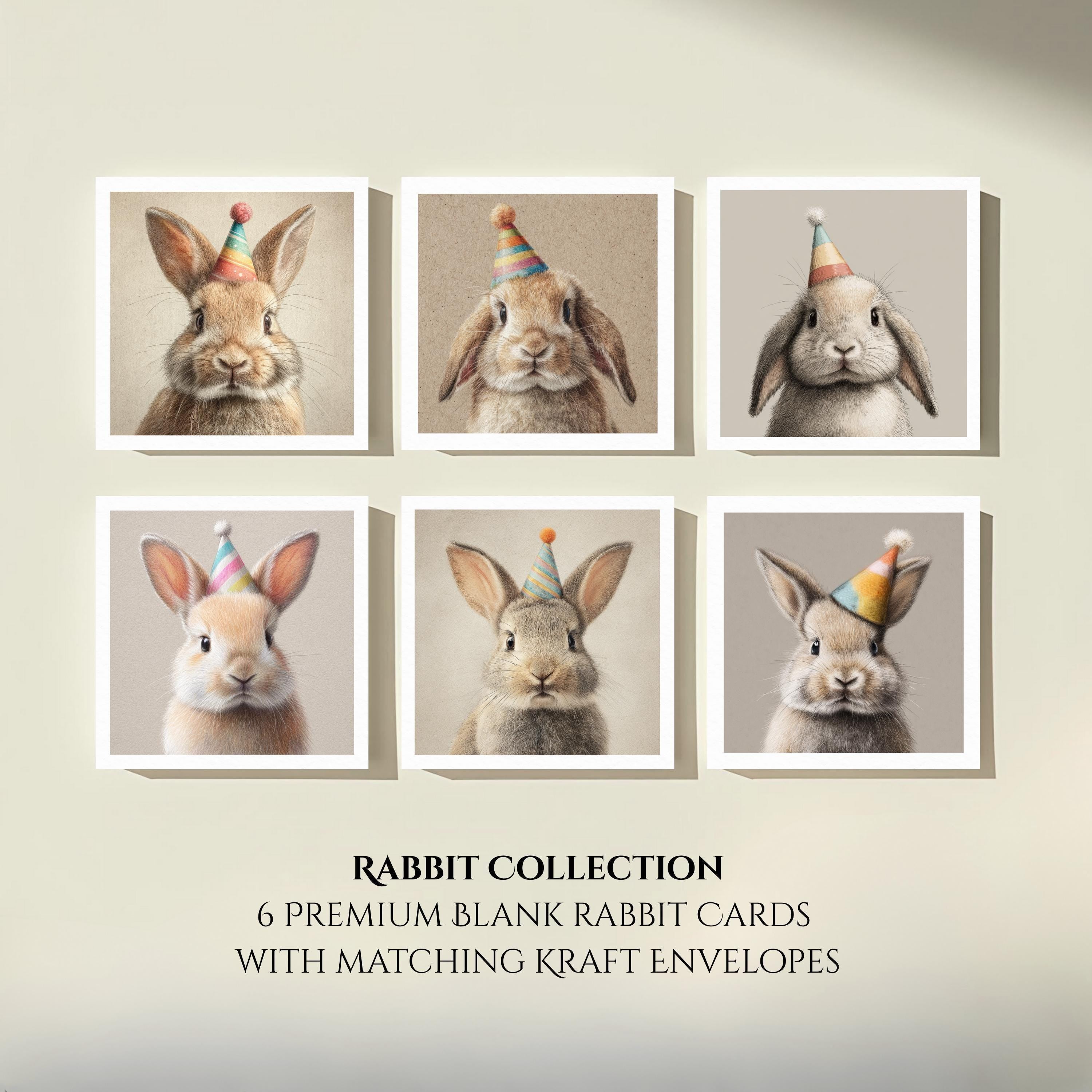 Hand Drawn Rabbit Birthday Cards – Pack of 6 Blank Textured Cards with Envelopes