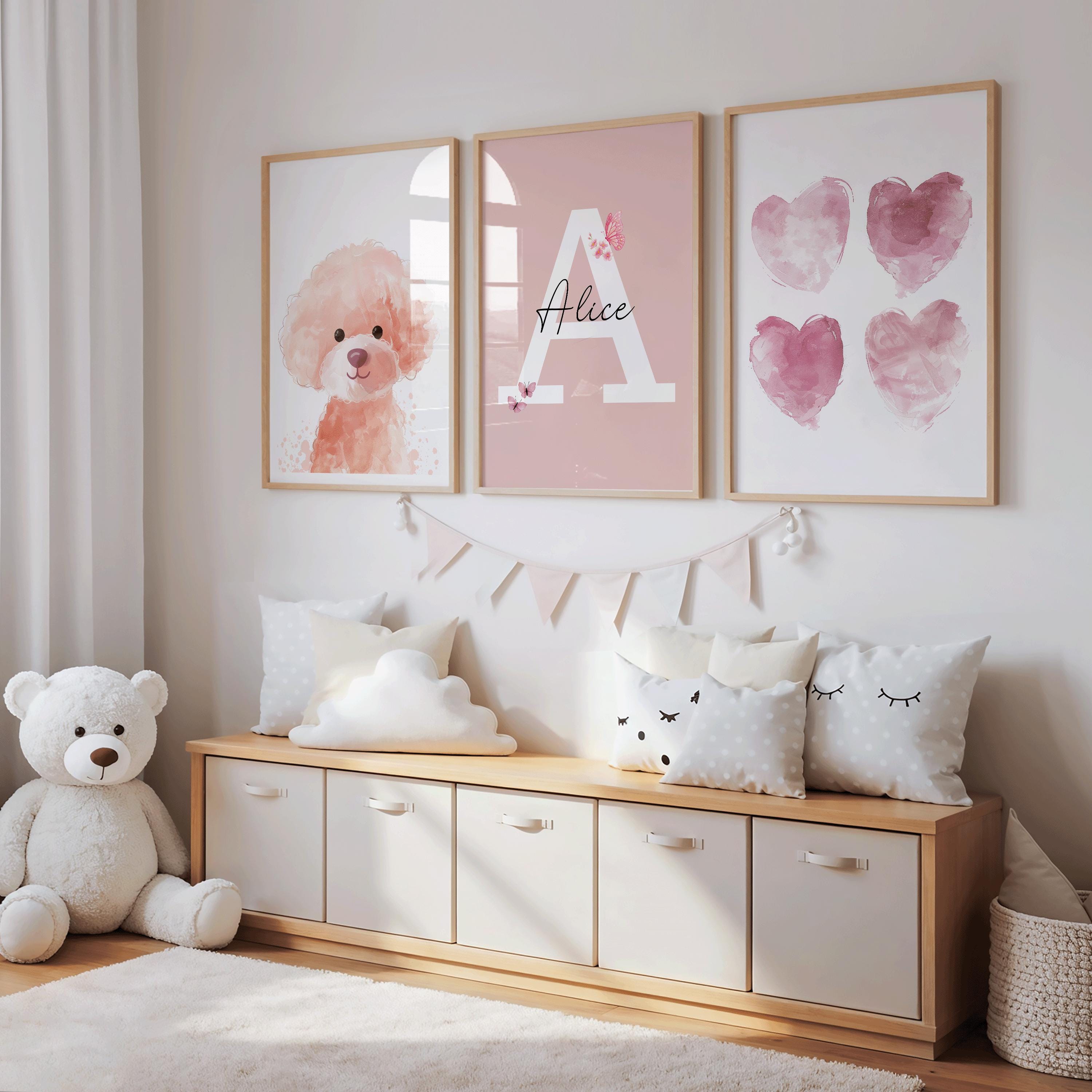 Personalised Pink Puppy Nursery Art Set, Girls Dog Bedroom Decor (3 Prints)