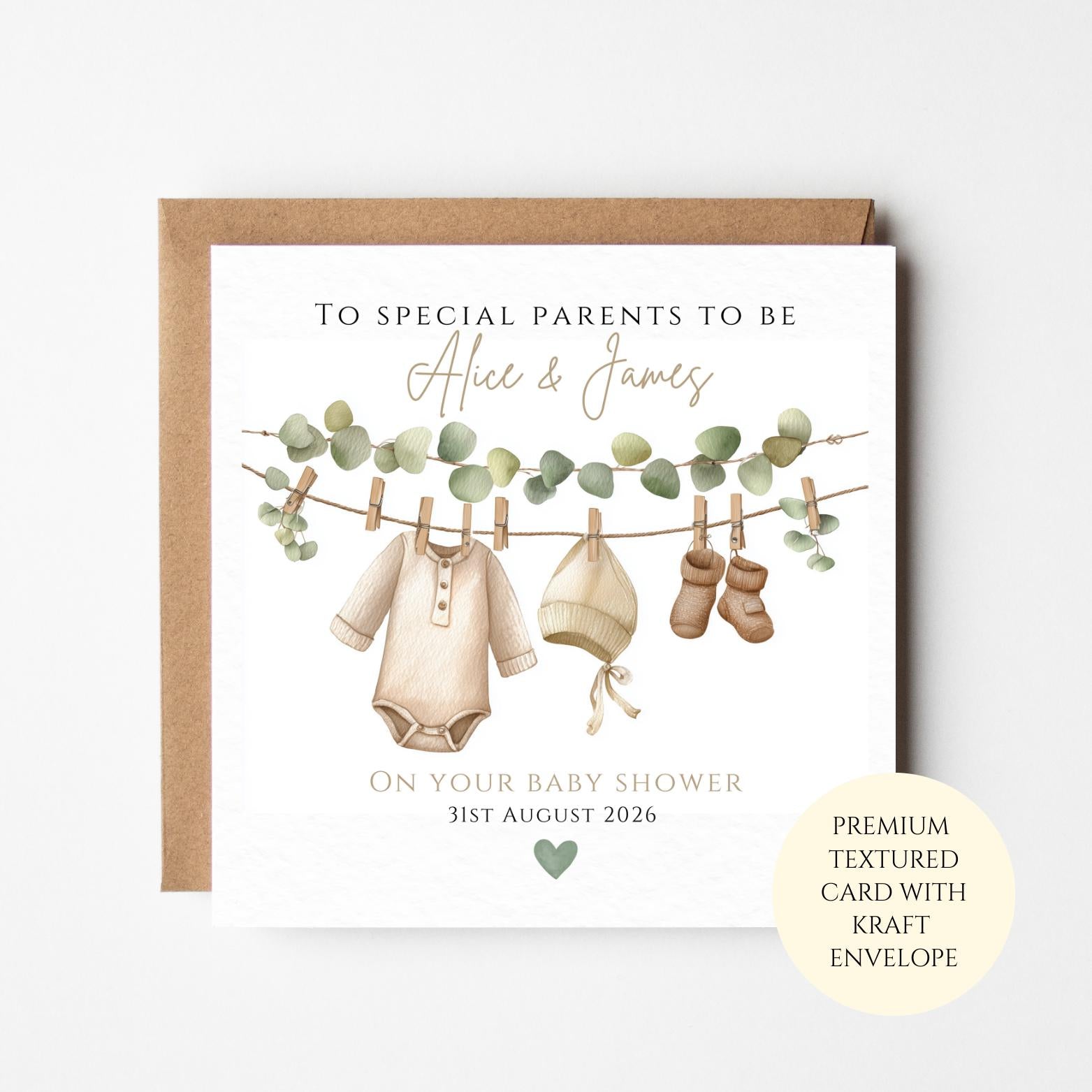 Personalised Baby Shower Card for Parents – Neutral Baby Clothes Line Design
