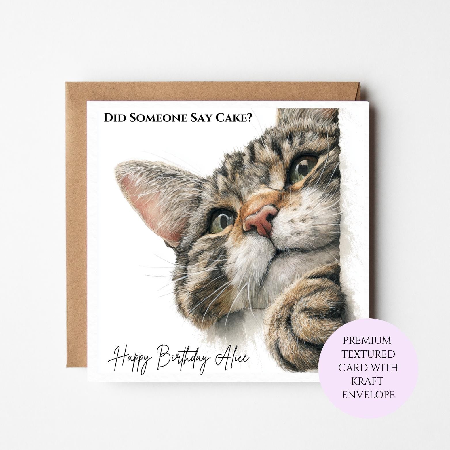 Did Someone Say Cake Tabby Cat Birthday Card – Funny Cat Lover Birthday for Her