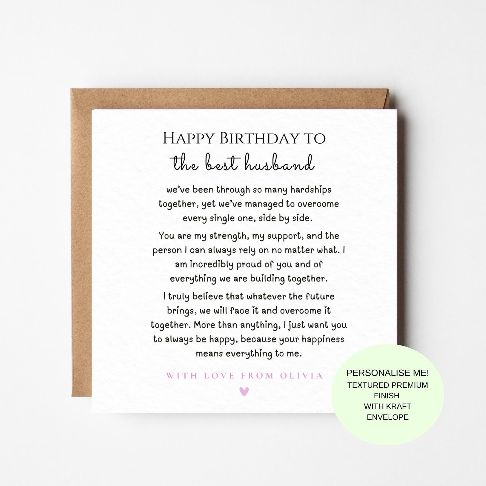 Romantic Husband Birthday Card, Heartfelt Love Message, Textured Finish