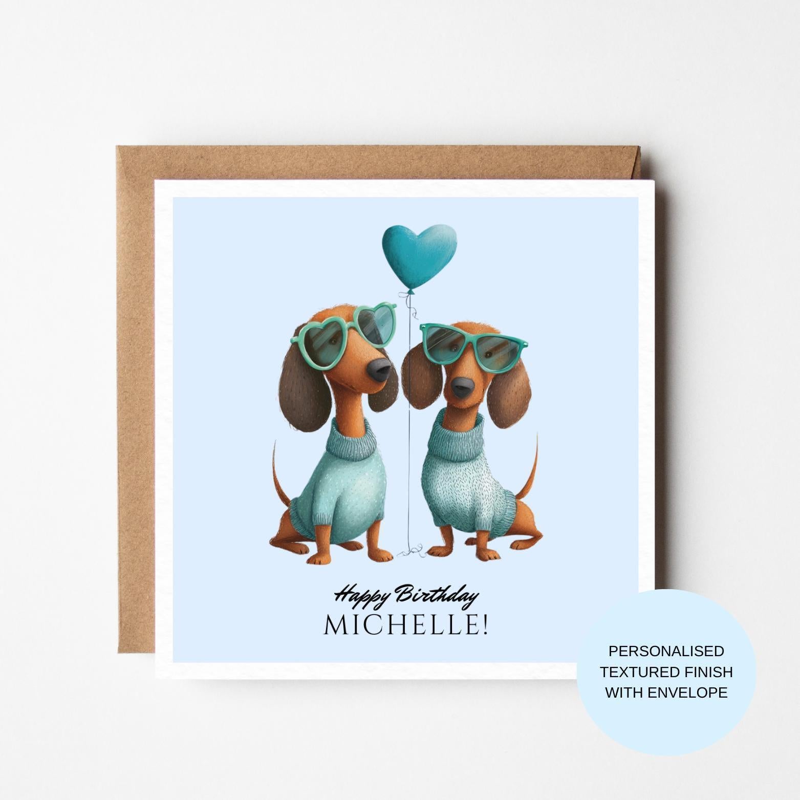 Personalised Dachshund Birthday Card | Two Sausage Dogs Sunglasses (Custom Name)