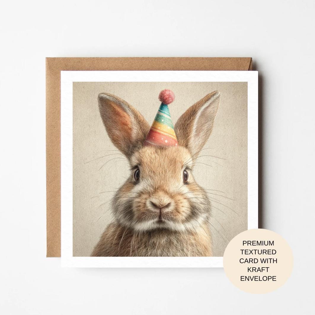 Bunny Birthday Card | Hand-Illustrated Party Hat Animal Greeting (Kraft Envelope)
