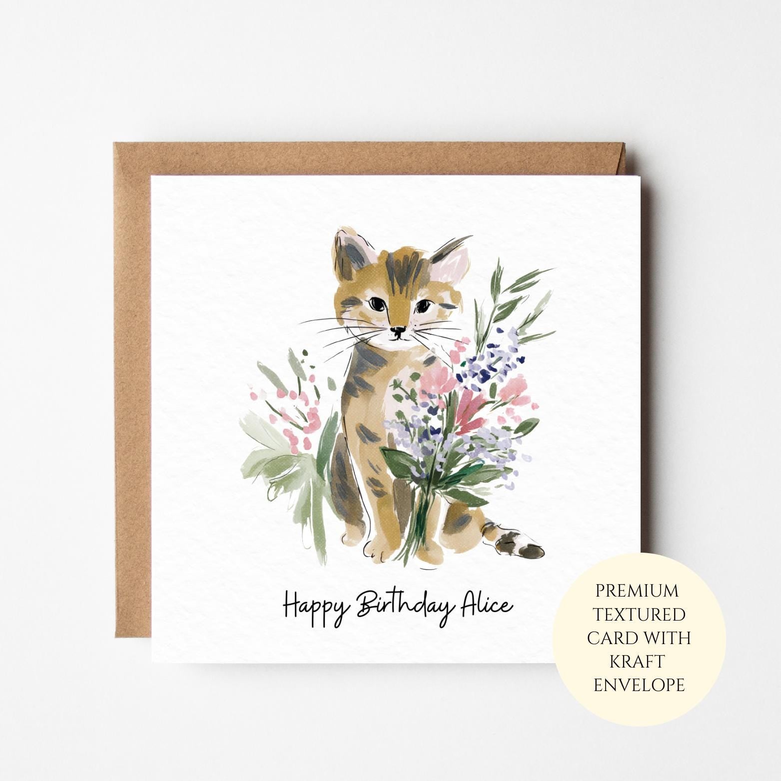 Cat Birthday Card: Watercolor Floral Illustration, Textured Card