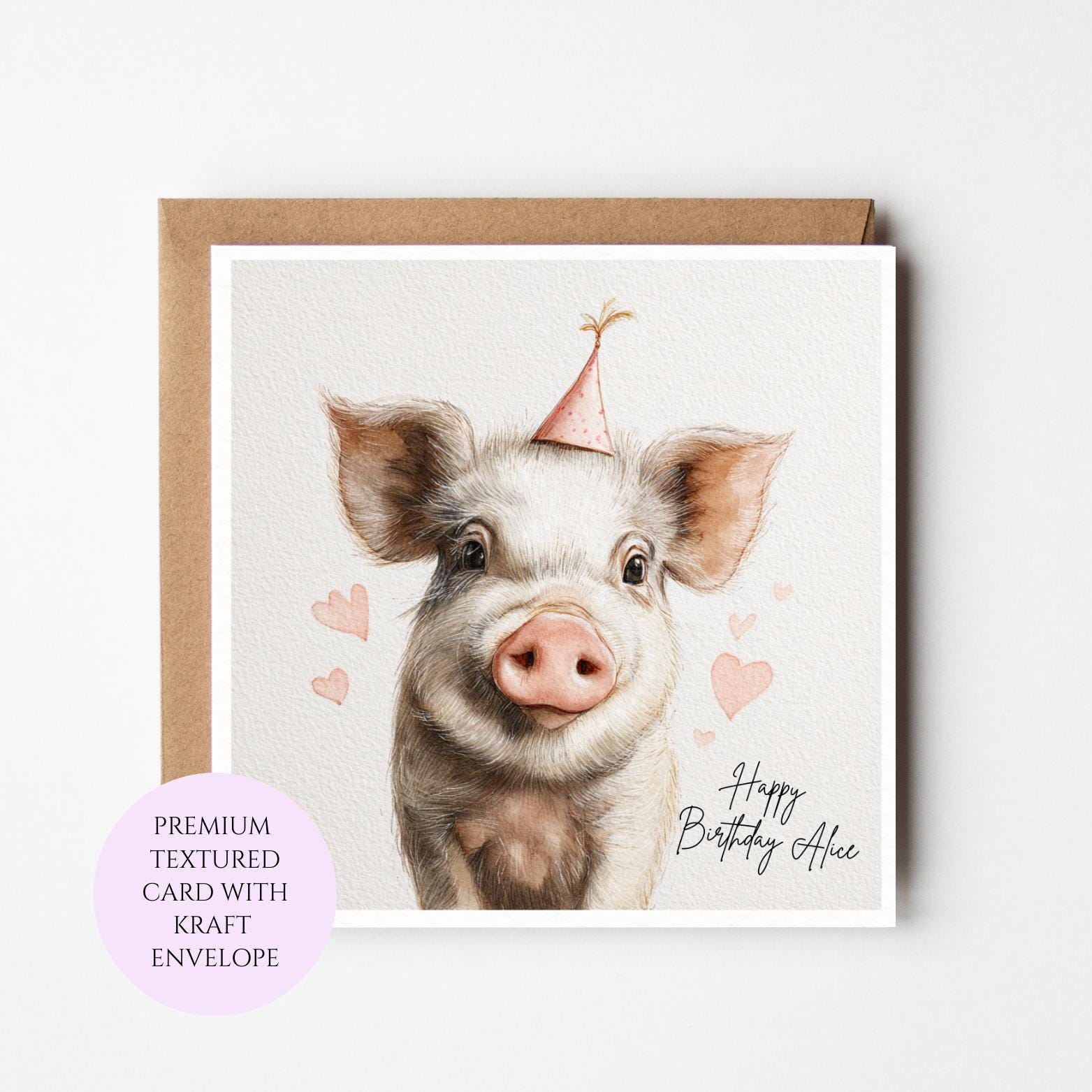 Personalised Watercolour Pig Birthday Card – Farm Animal Illustration, Sister, Friend, Mum