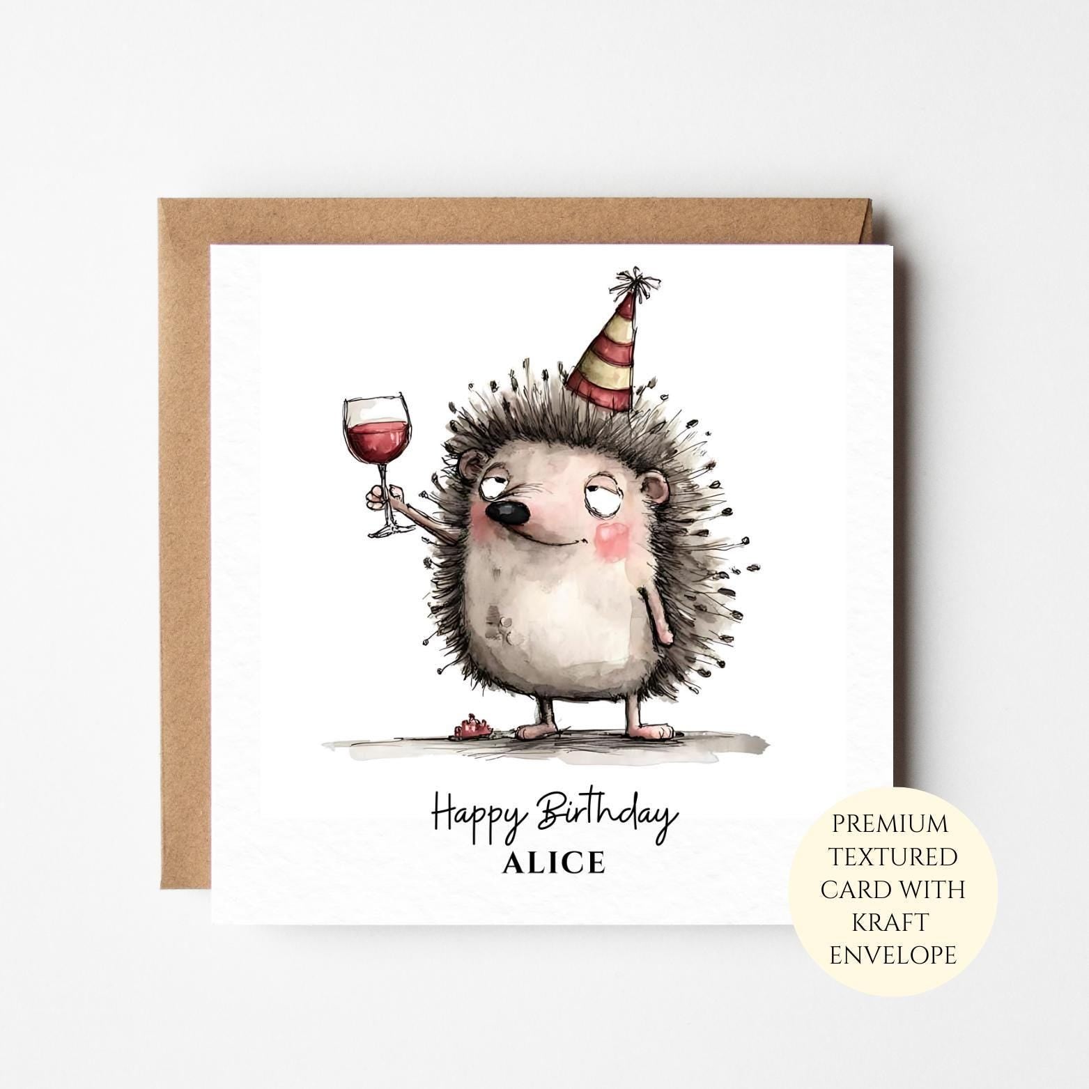 Personalised Funny Hedgehog Wine Birthday Card for Him or Her – Animal Birthday Gift