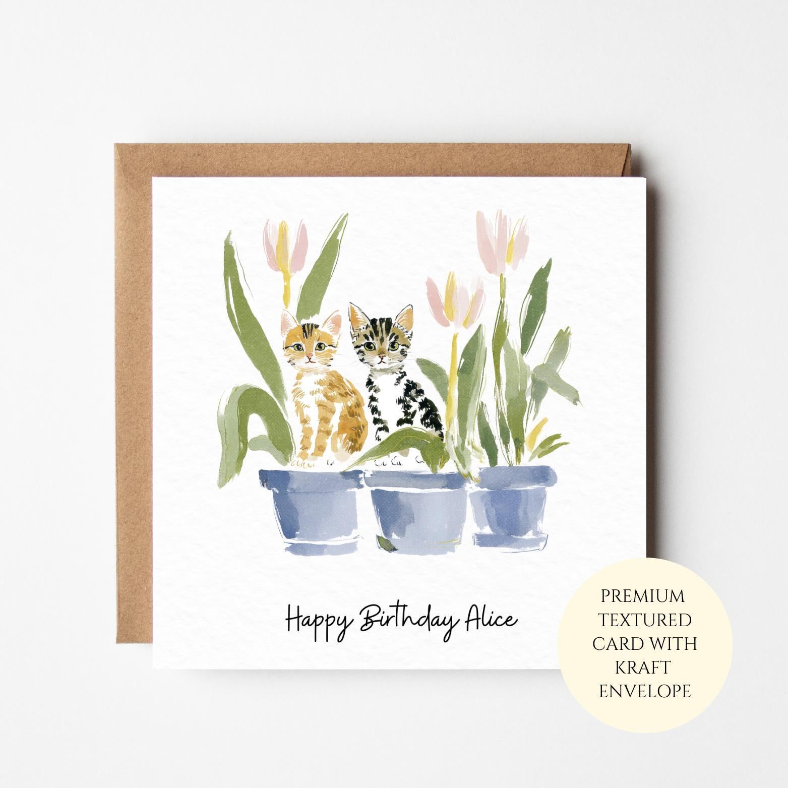Floral Cat Birthday Card - Watercolor Illustration on Textured Paper