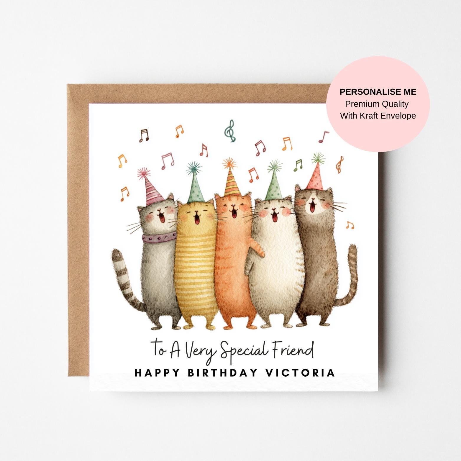 Singing Cats Birthday Card: Party Hats, Musical Notes, Personalised Greeting (Kraft Envelope)