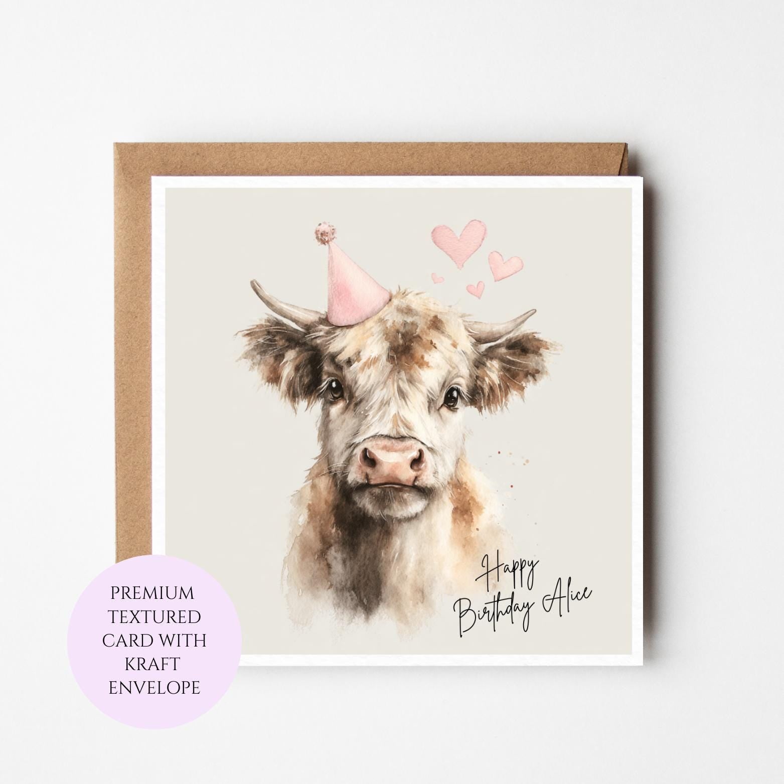 Personalised Watercolour Cow Birthday Card – Farm Animal Lover Stationery