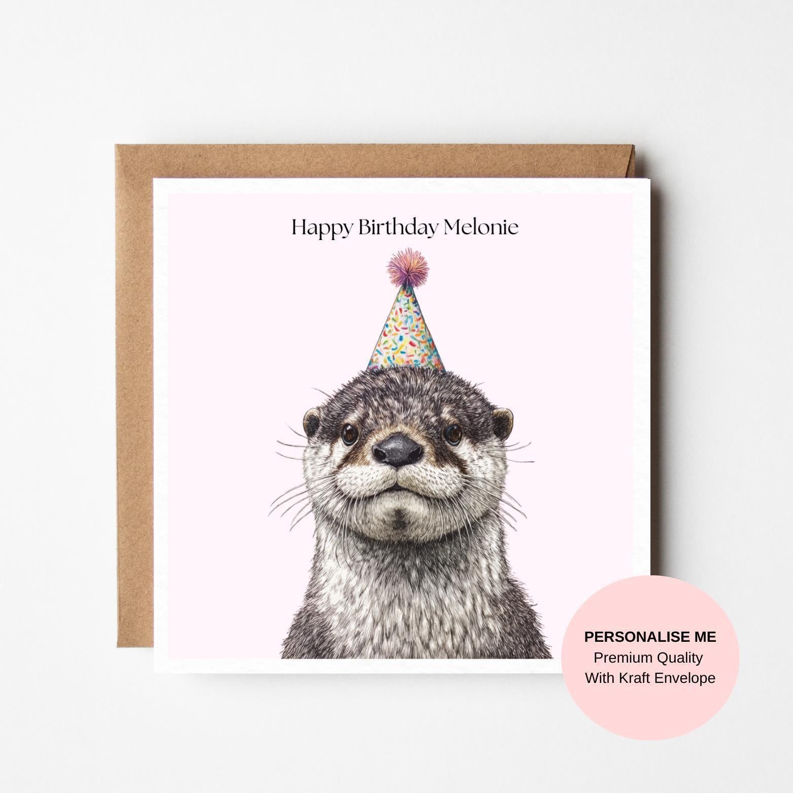 Personalised Otter Birthday Card, Animal Illustration, Square Greeting (Kraft Envelope)