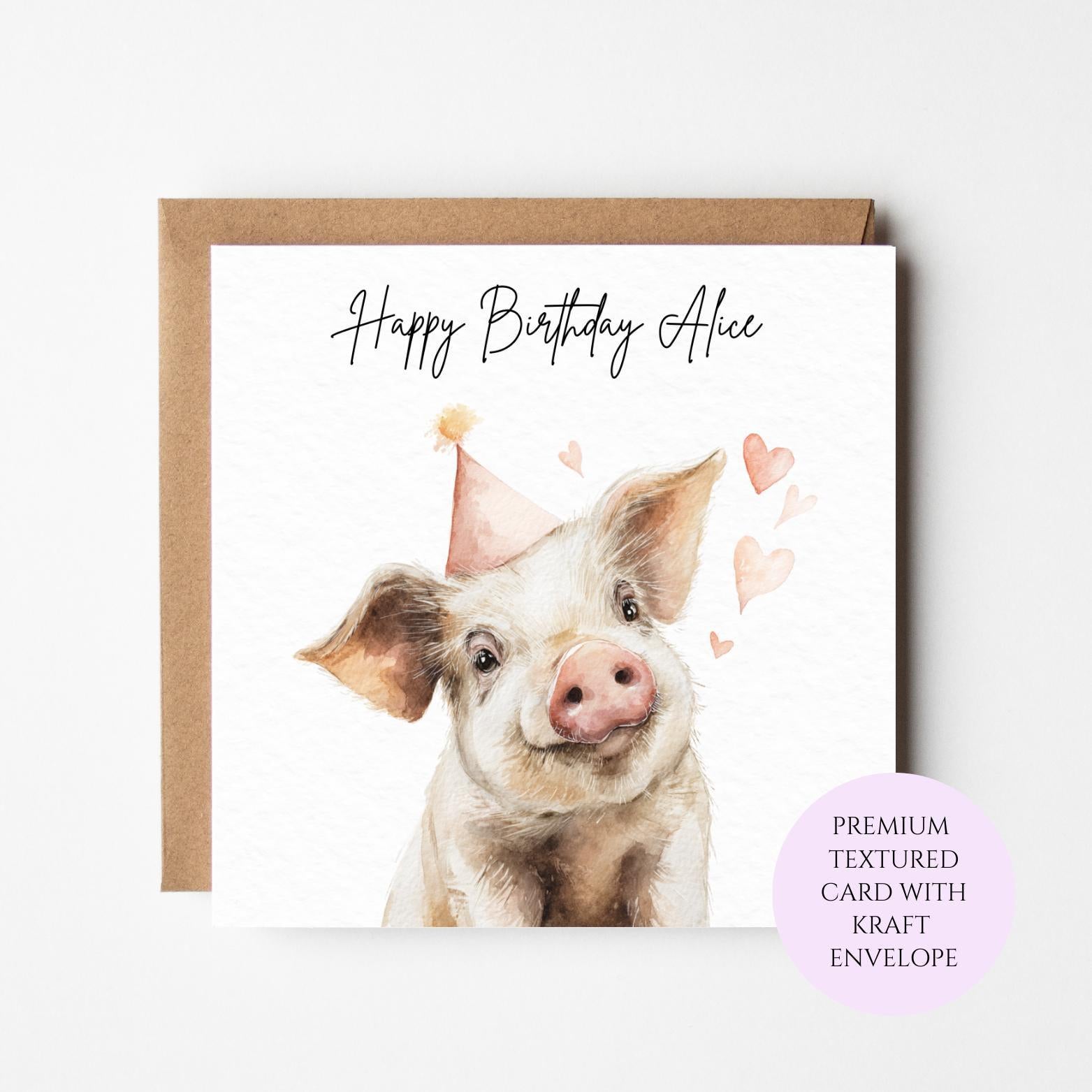 Personalised Piglet Birthday Card – Watercolour Pig with Party Hat, Hearts (For Her)