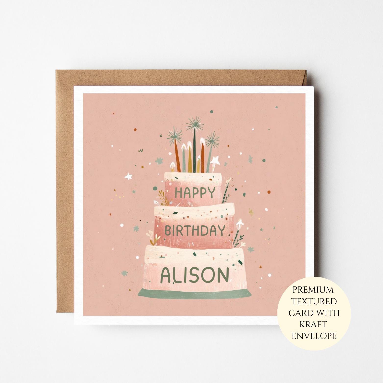 Personalised Watercolour Birthday Cake Card – Custom Name Card for Her