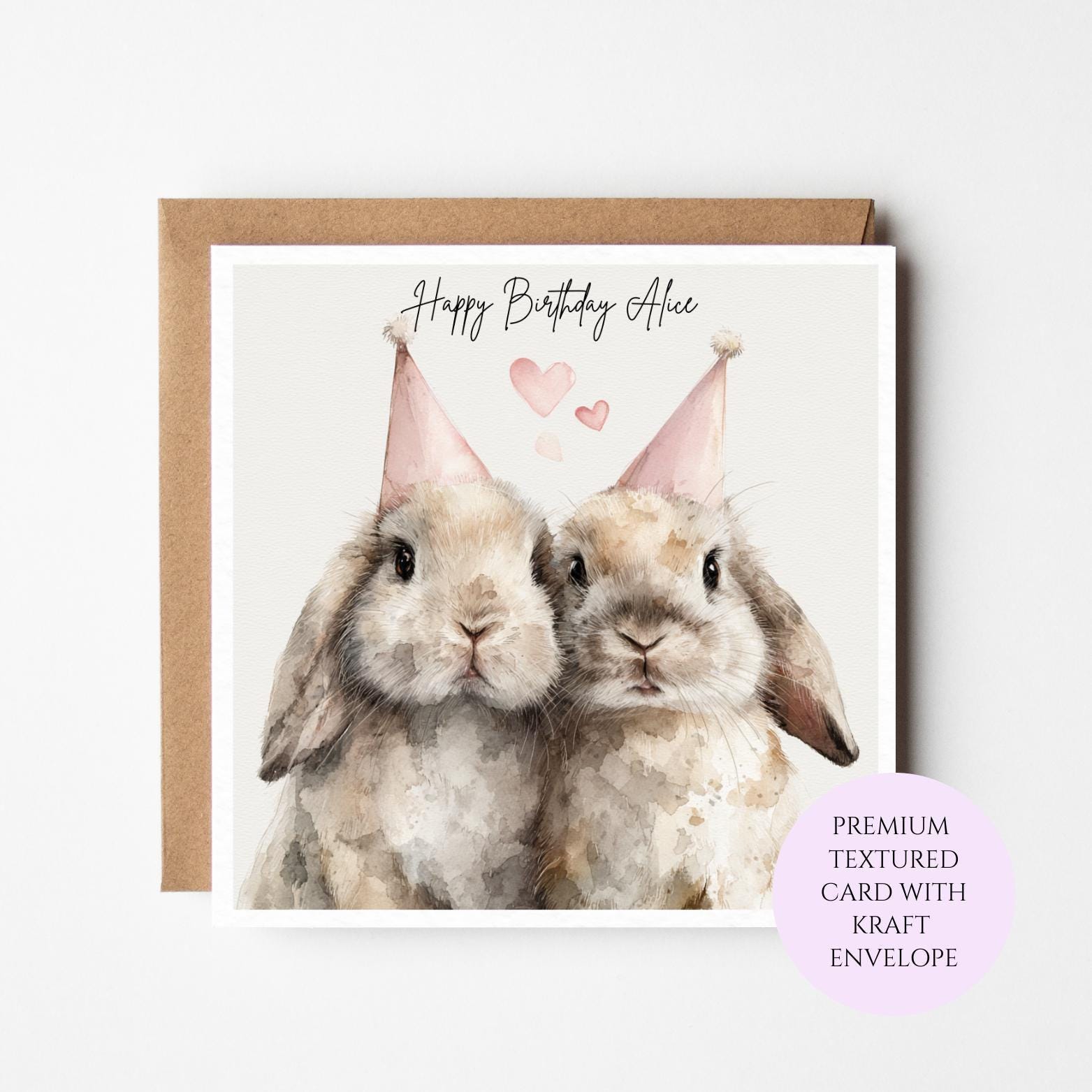 Personalised Double Bunny Birthday Card – Watercolor Rabbits, Party Hats, Sister Friend Mum