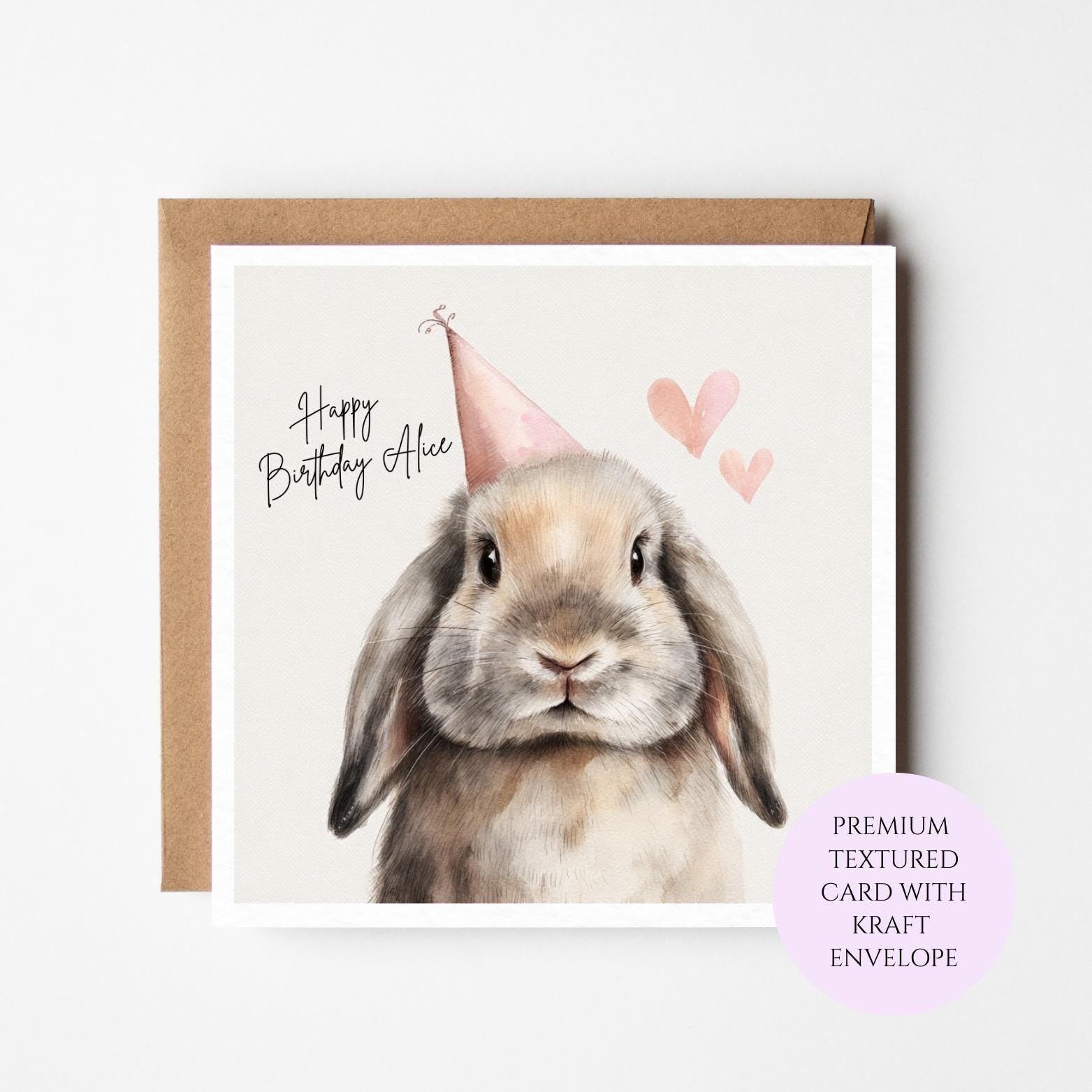 Personalised Bunny Birthday Card – Watercolor Rabbit, Party Hat, Hearts – For Her