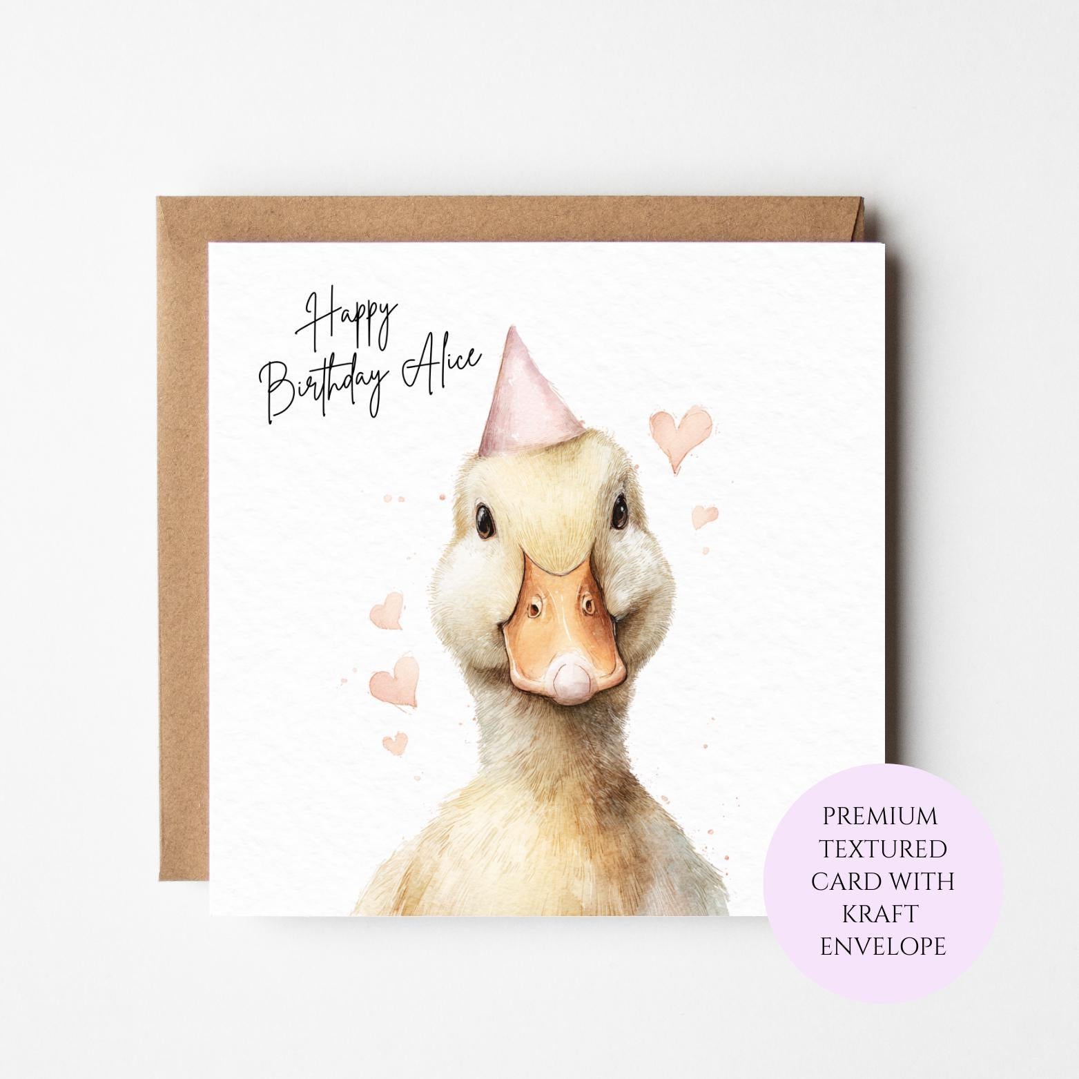 Personalised Watercolour Duck Birthday Card – Sister, Mum, Friend Gift
