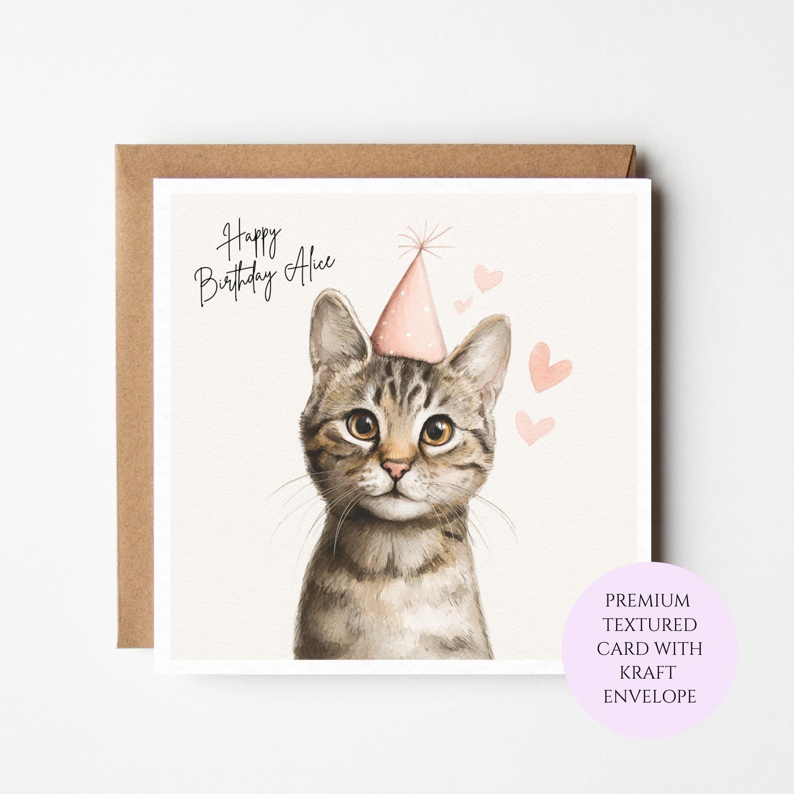 Personalised Tabby Cat Birthday Card – Watercolour Kitten with Party Hat (150mm Square)